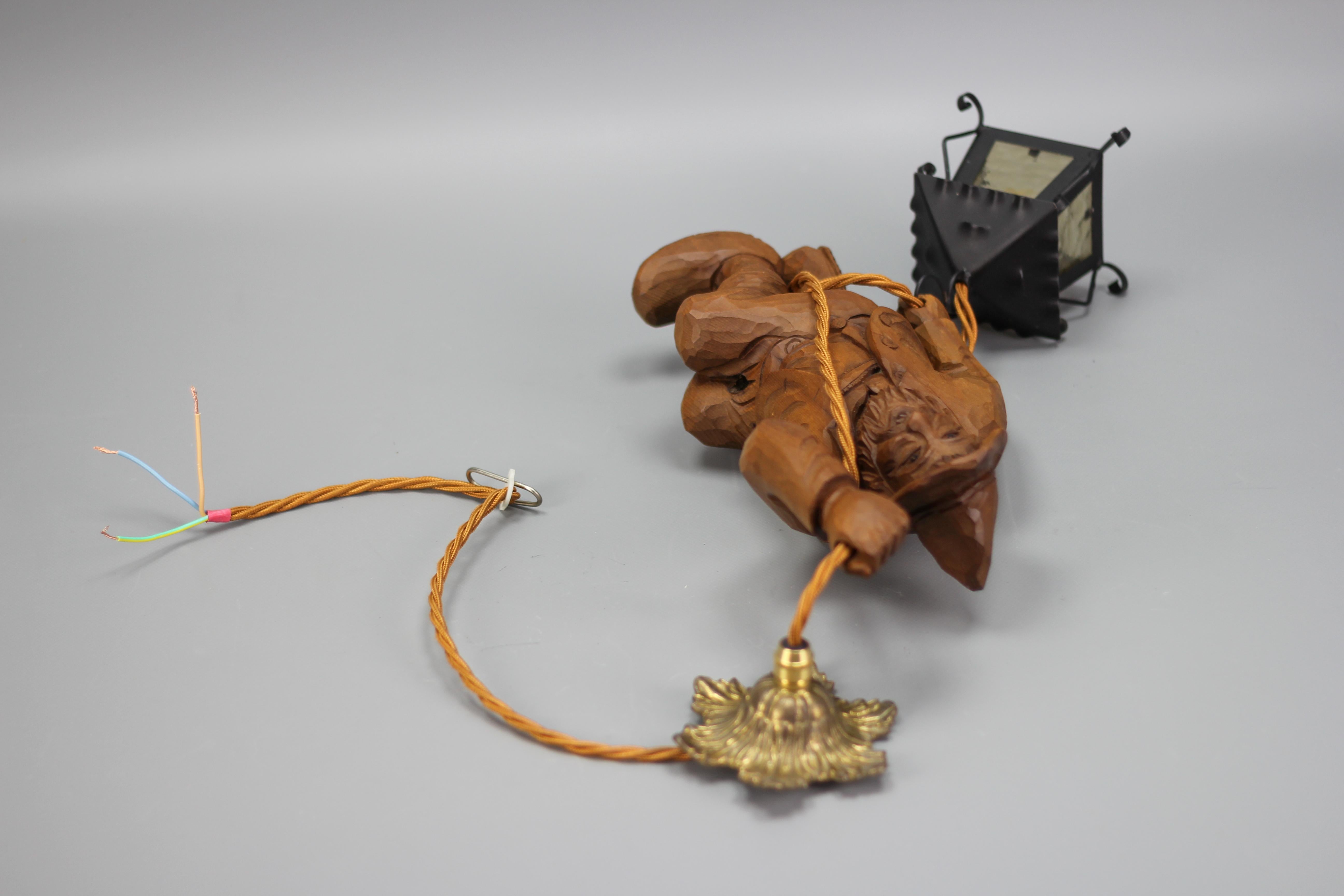 Figural Pendant Light with a Carved Mountain Climber Figure and Lantern, Germany For Sale 11