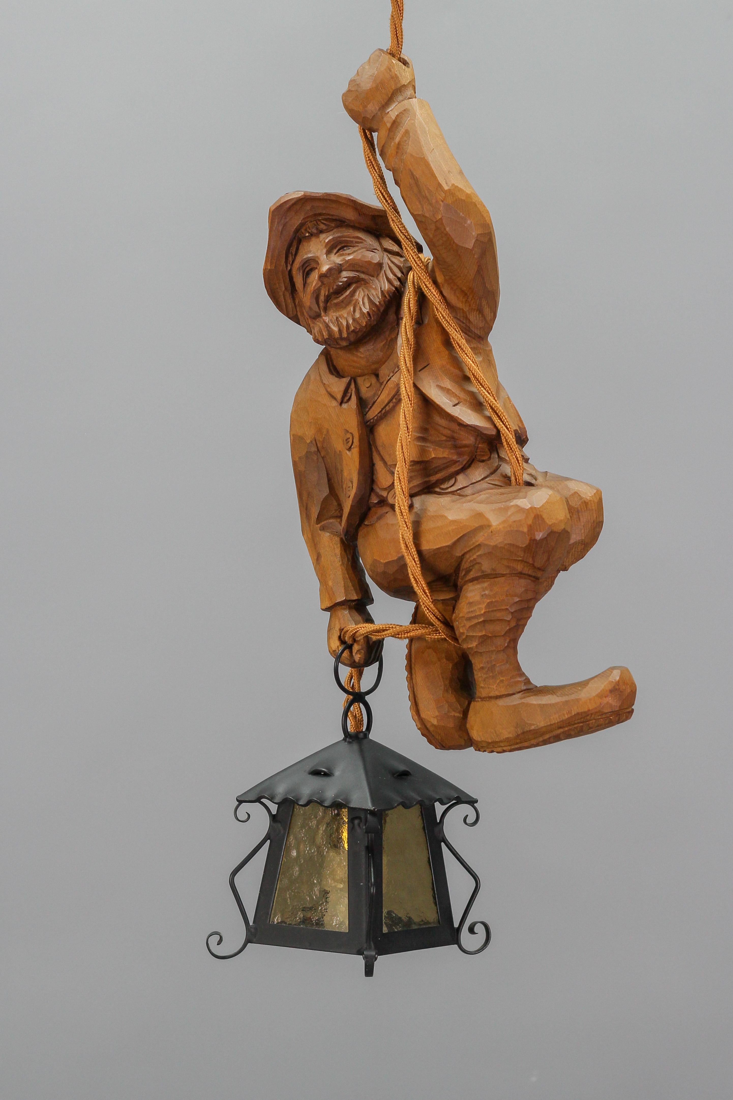Figural Pendant Light with a Carved Mountain Climber Figure and Lantern, Germany For Sale 13
