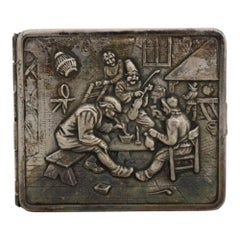 Figural Repousse Tavern Scene Sterling Silver Cigarette Case 2.8 Troy Oz c1900