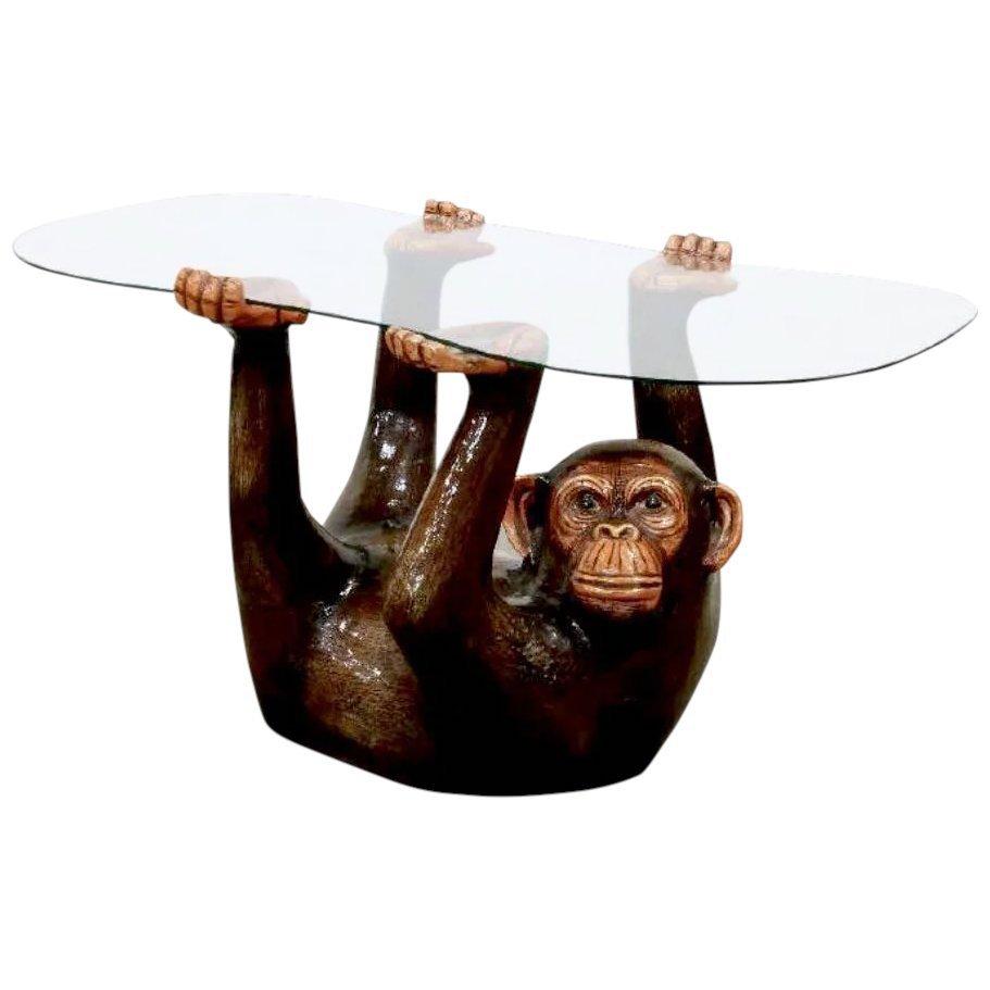 Post-Modern Figural Sergio Bustamante Monkey Glass-Top Hourglass Coffee Table, 1970s
