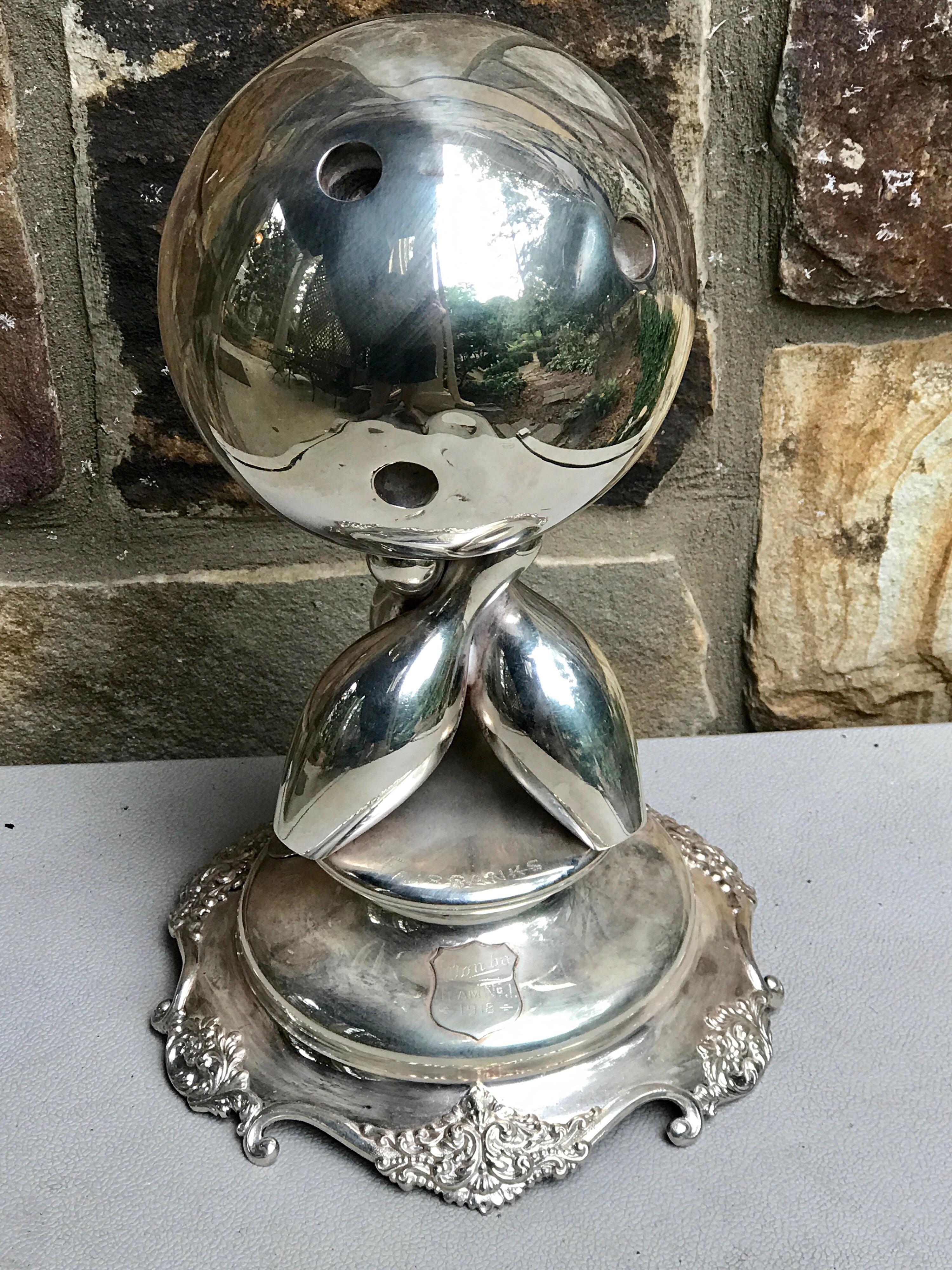 Silver plated 1918 Bowling Trophy, Inscribed Fairbanks Bowling League, won by team #1 1918, by the Van Bergh Silver Company Rochester NY.