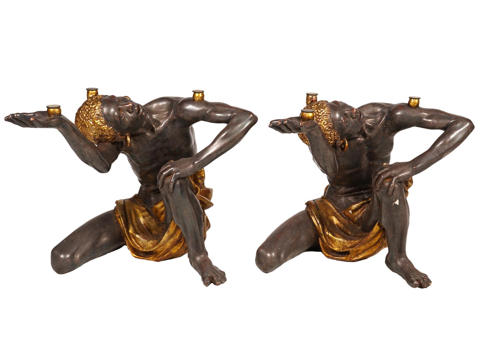 Baroque Figural Table Bases of Two Exotic Male Figures Paint and Gilt Composition, 20 C.