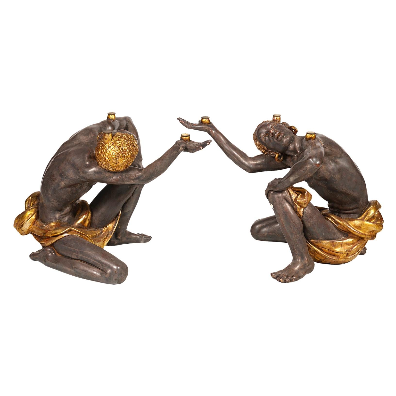 Figural Table Bases of Two Exotic Male Figures Paint and Gilt Composition, 20 C.