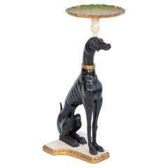 Figural Table of an Italian Black Lacquer Whippet Balancing a Florentine Tray