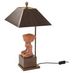 Figural Terracotta Table Lamp of a Sitting Priest with Brown Shade, Mexico 1930s