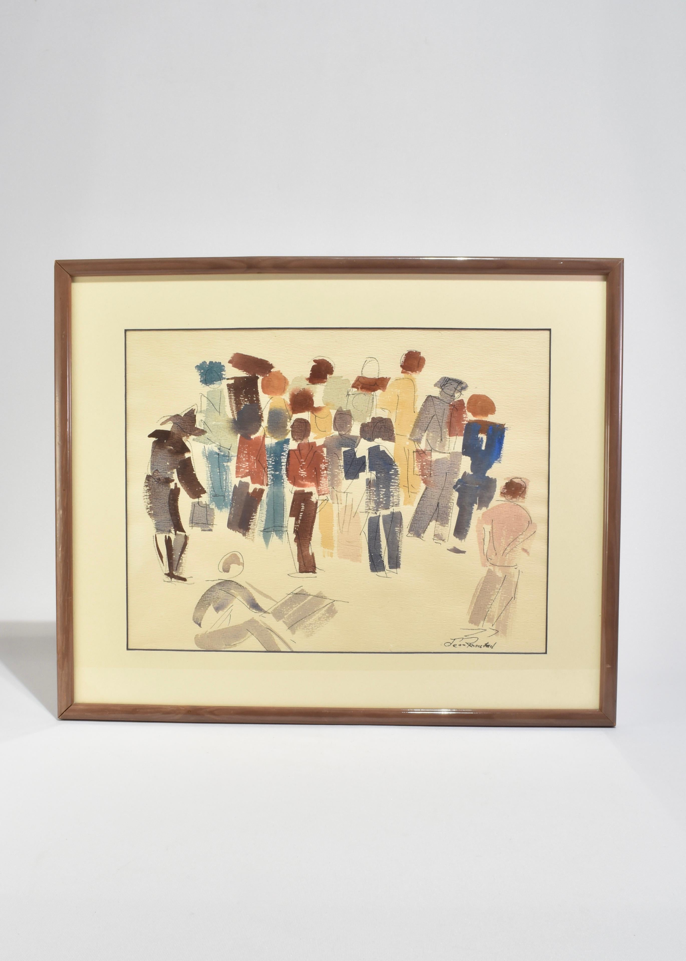 Framed mid-century watercolor painting depicting an abstracted crowd of figures in bold, layered washes of color. Signed in the lower right, Jean Ramstad (1913 - 2006).

Framed in brown with a neutral matte and wire on the backside.