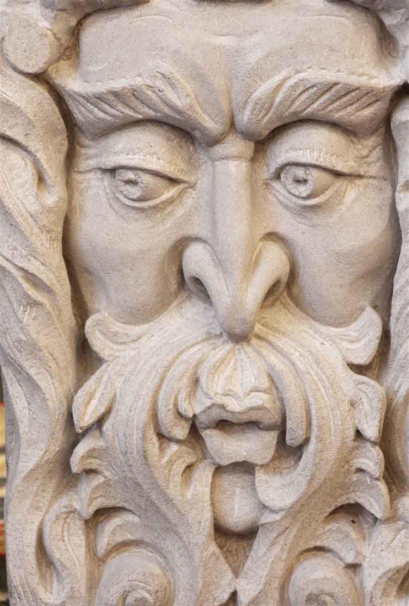 2014 small light tan carved windface limestone frieze. There is a large chip on the back bottom corner. This can be seen at our 2420 Broadway location on the upper west side in Manhattan.