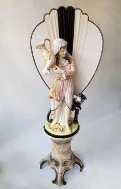 Figural Woman Floor Lamp with Panther on Column