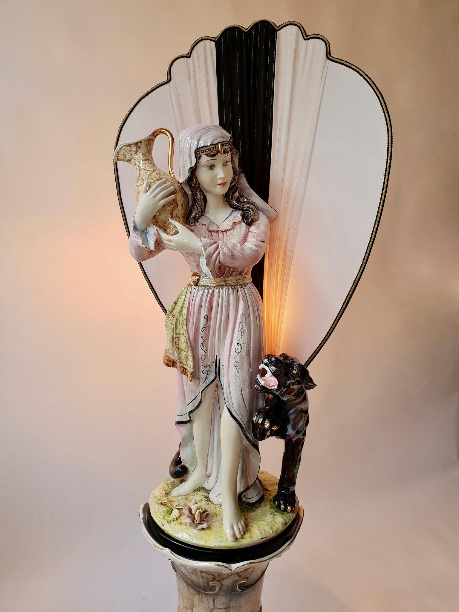 Hollywood Regency Figural Woman Floor Lamp with Panther on Column For Sale