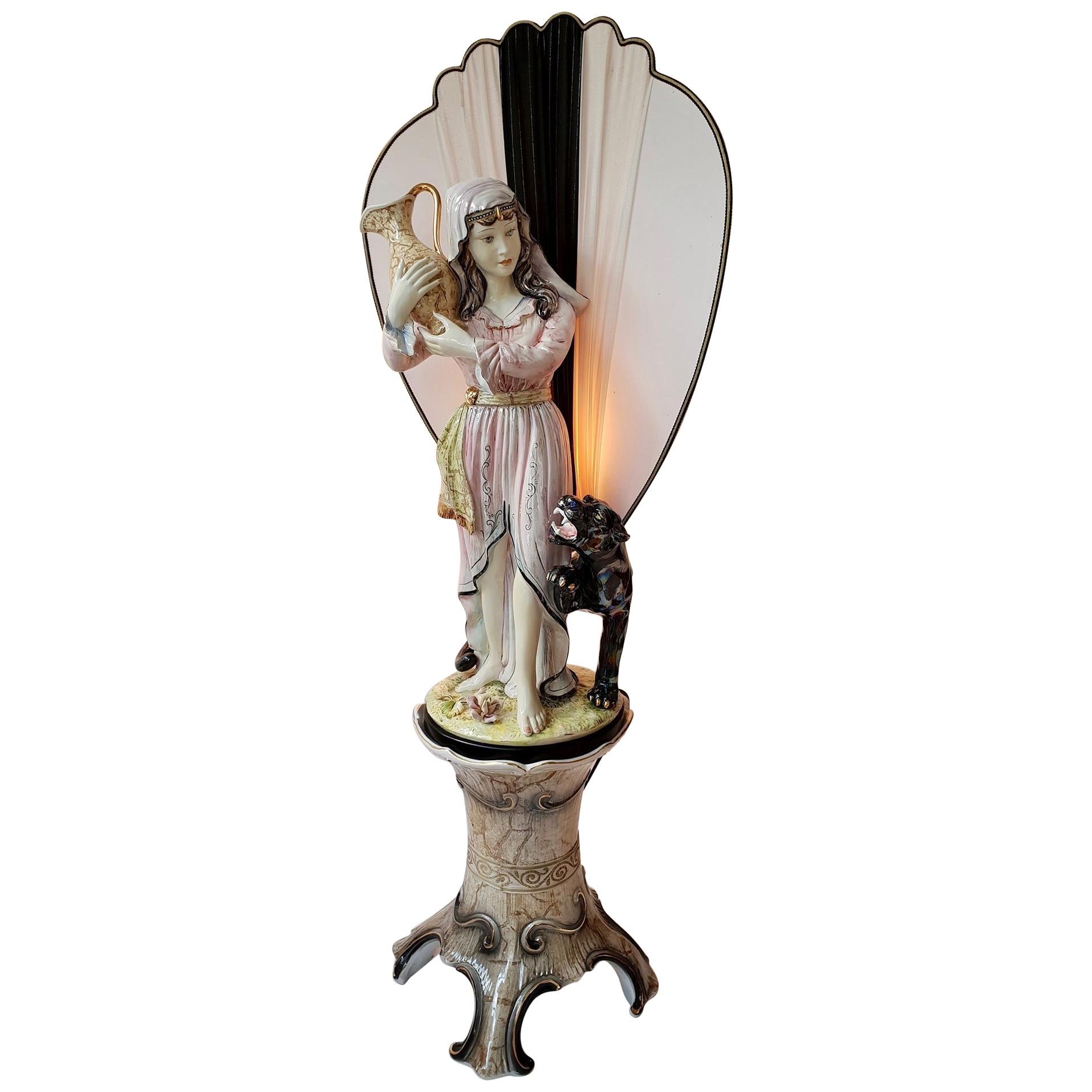 Figural Woman Floor Lamp with Panther on Column