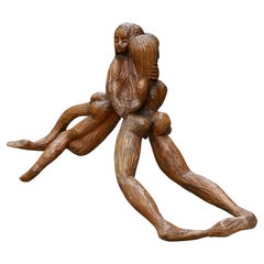 Italian Modernist Wooden Sculpture of Three Female Figures, Signed Luigi Conti
