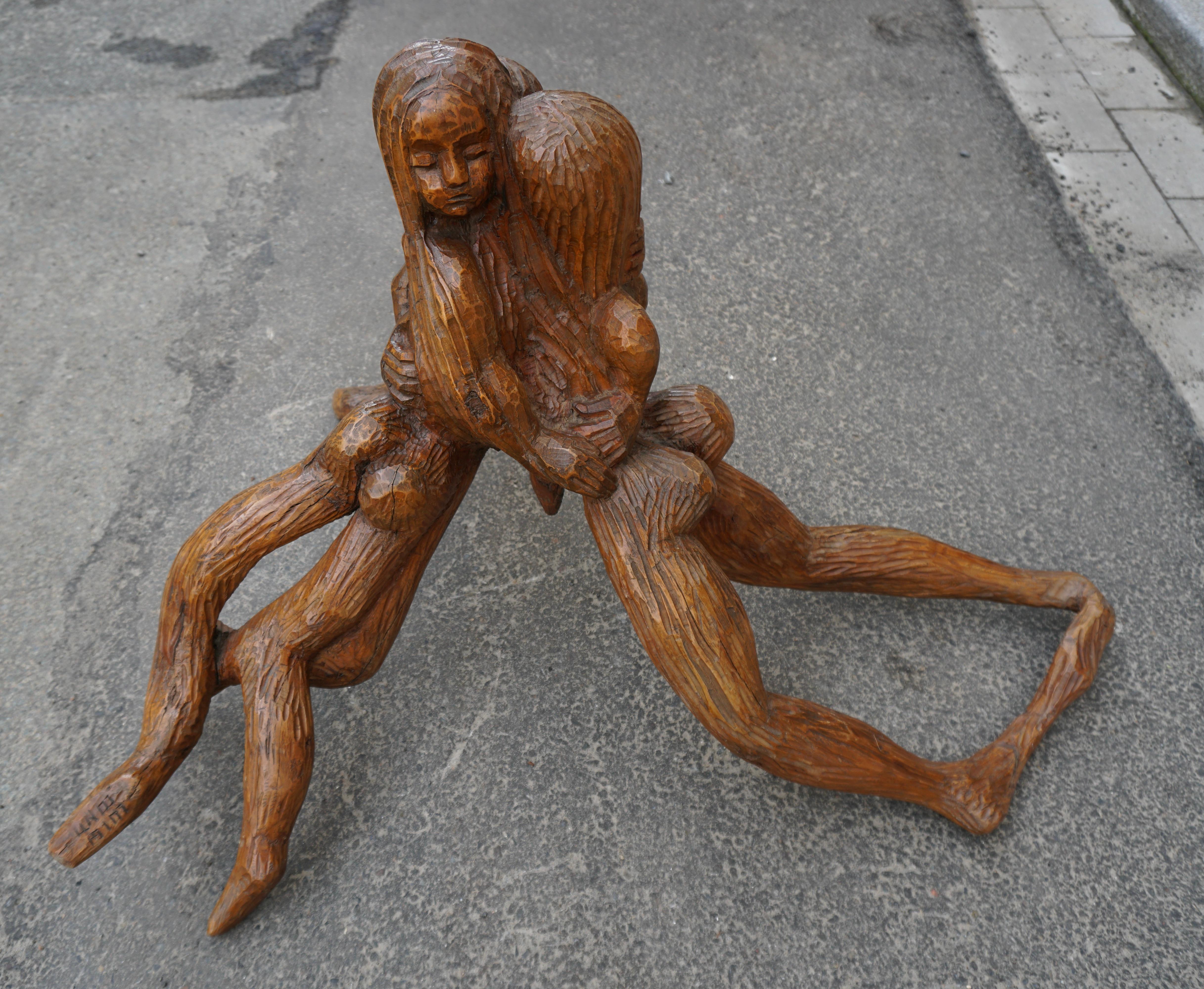 Hand-Carved Figural Wooden Sculpture by Luigi Conti For Sale