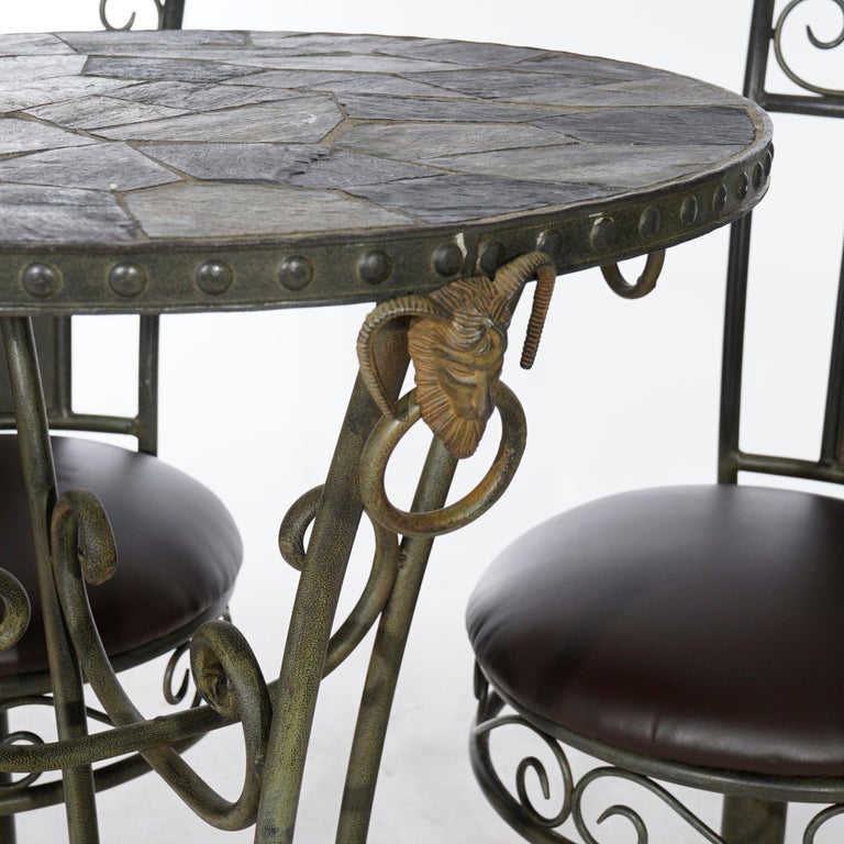 Figural Wrought Iron and Slate Pub Table and Chairs with Satyr Heads