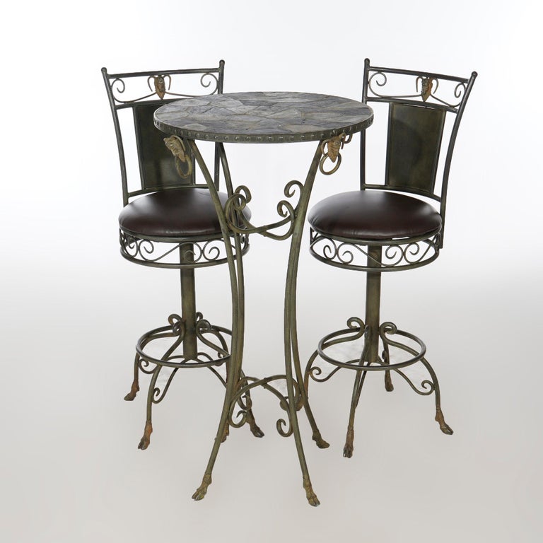Figural Wrought Iron and Slate Pub Table and Chairs with Satyr Heads