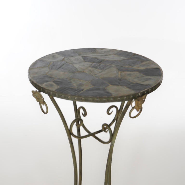 Figural Wrought Iron and Slate Pub Table and Chairs with Satyr Heads