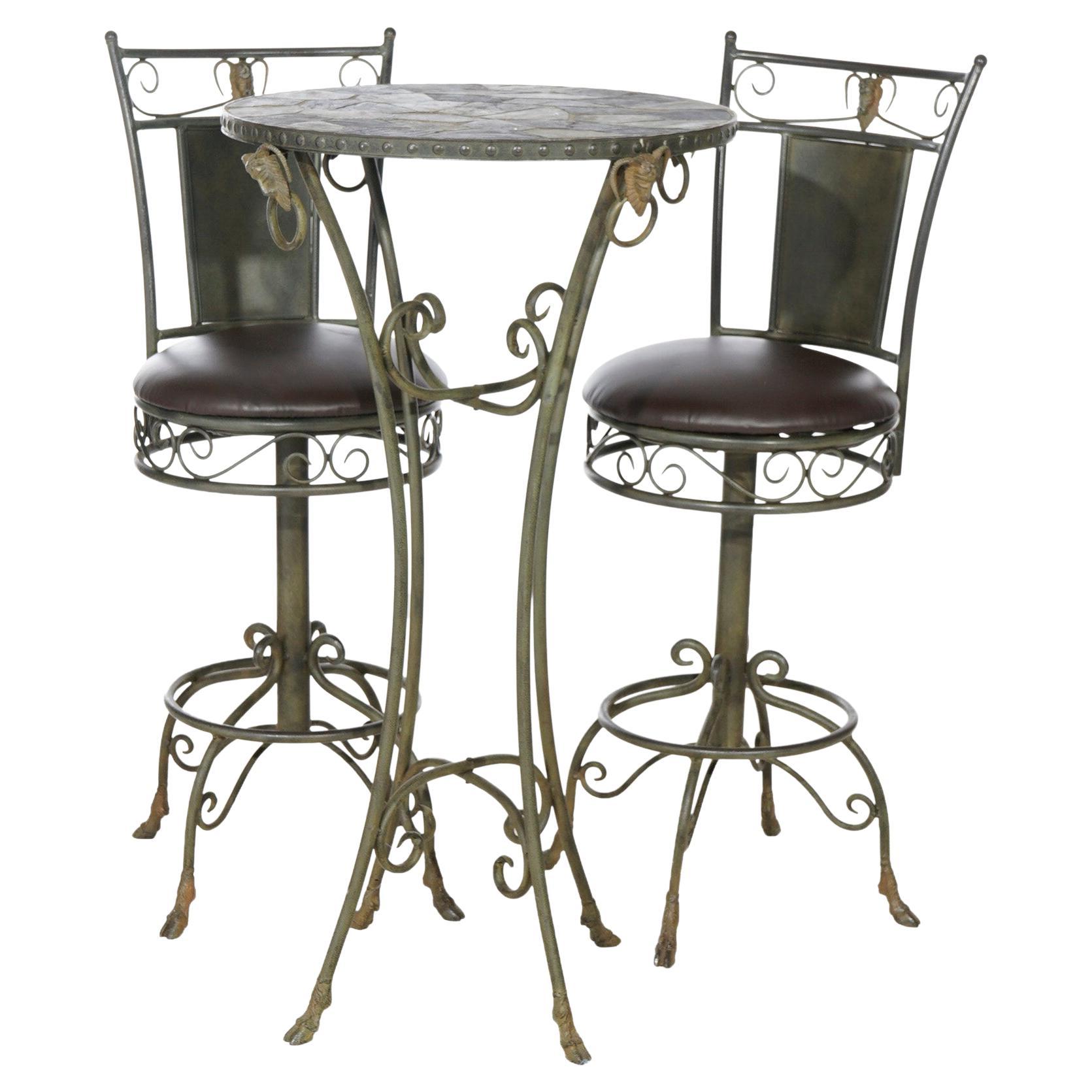 Figural Wrought Iron & Slate Pub Table & Chairs with Satyr Heads & Hoof Feet