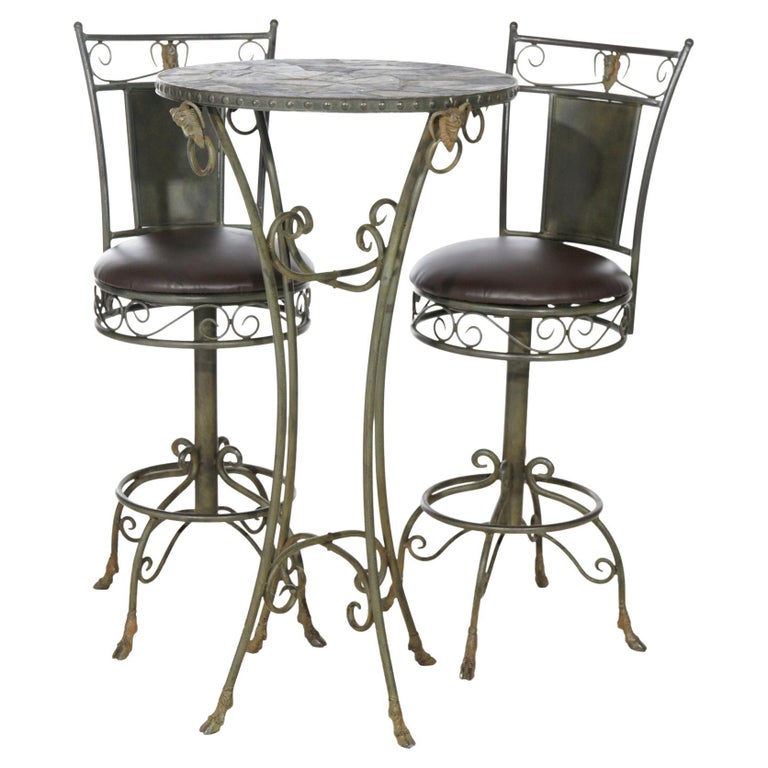 Figural Wrought Iron and Slate Pub Table and Chairs with Satyr Heads