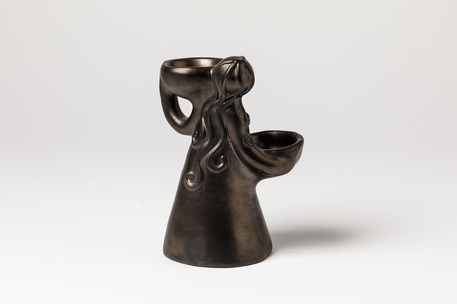 Mid-Century Modern Figurative Mid-20th Century Black Ceramic Sculpture circa 1960 Woman Art For Sale