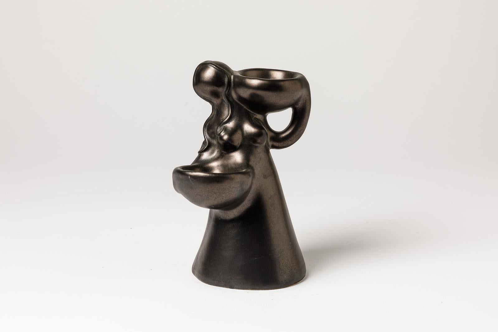 French Figurative Mid-20th Century Black Ceramic Sculpture circa 1960 Woman Art For Sale