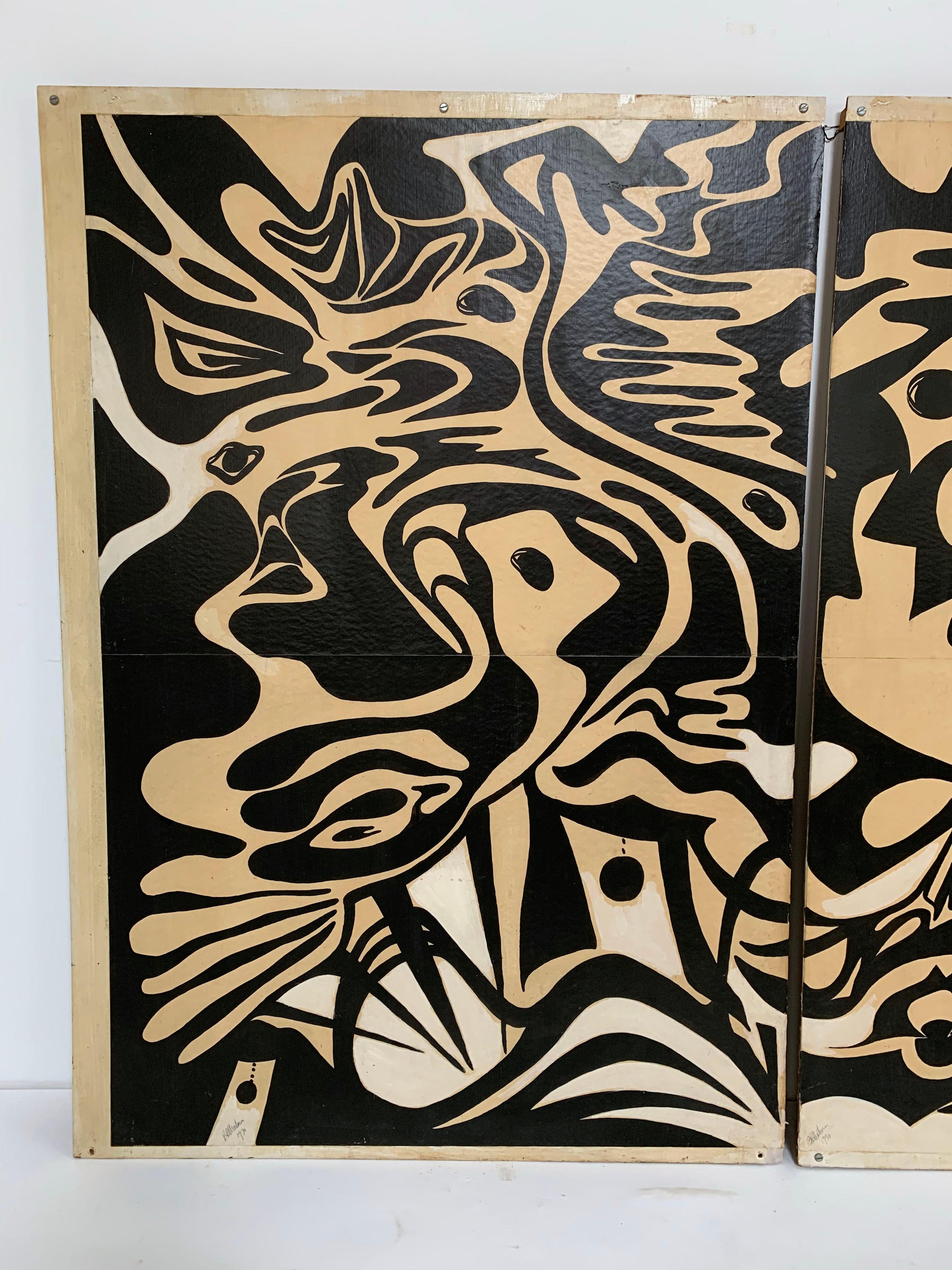 An original, circa 1970, large scale figurative abstract triptych painting in contrasting monochromatic tones of ivory, ochre and black. Dynamic, almost “Guernica” like imagery of interconnected graphic panels sketched in oil and ink on Bristol