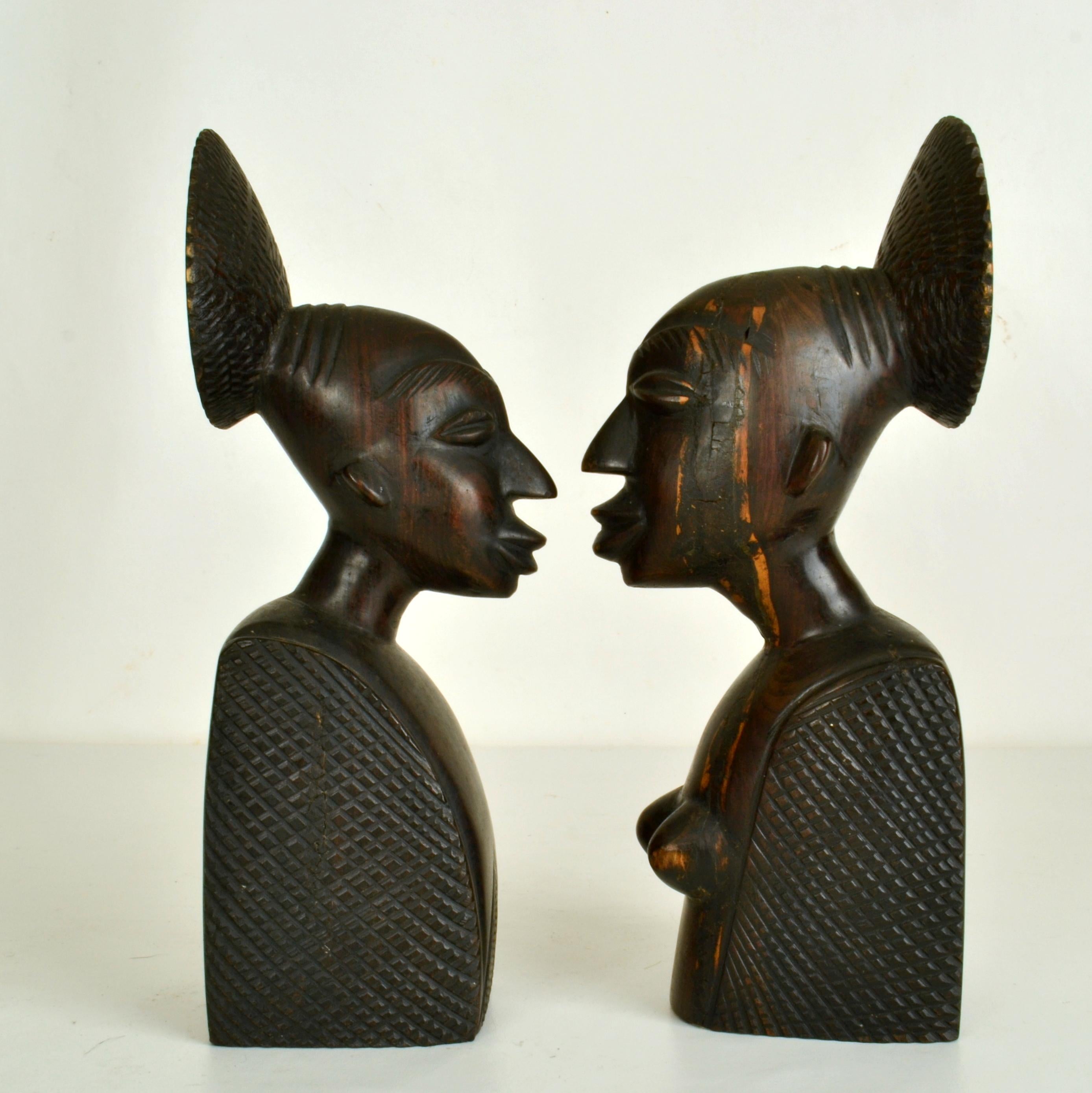 Late 20th Century Pair of Figurative African Bookends Carved in Hardwood For Sale