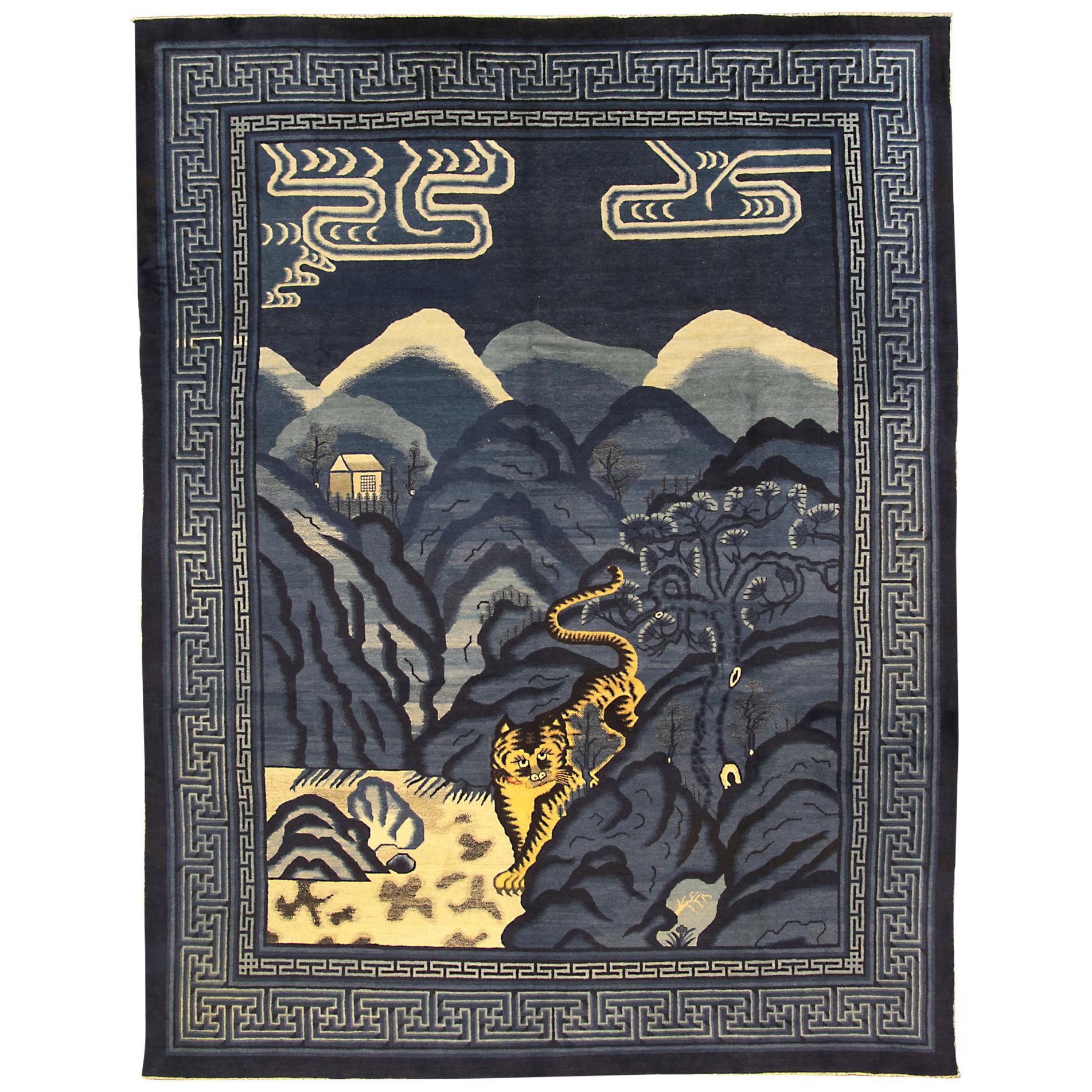 Antiker Pekinger Tiger-Teppich in Mitternachtsblau, um 1900