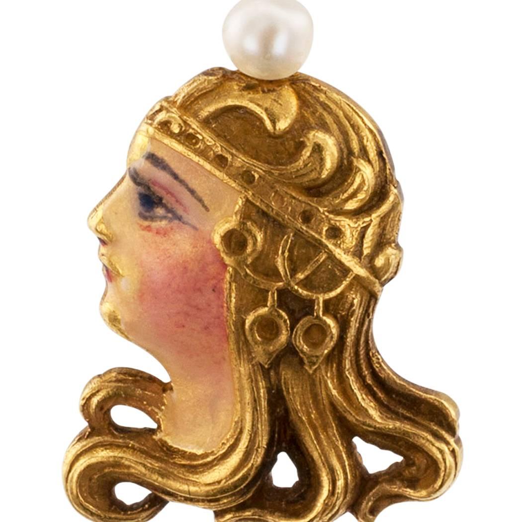 Women's or Men's Figurative Art Nouveau 1905 Enamel Pearl Gold Stick Pin