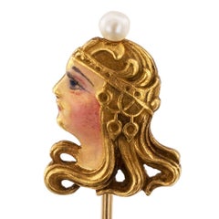 Antique Figurative Art Nouveau 1905 Enamel Pearl Gold Stick Pin