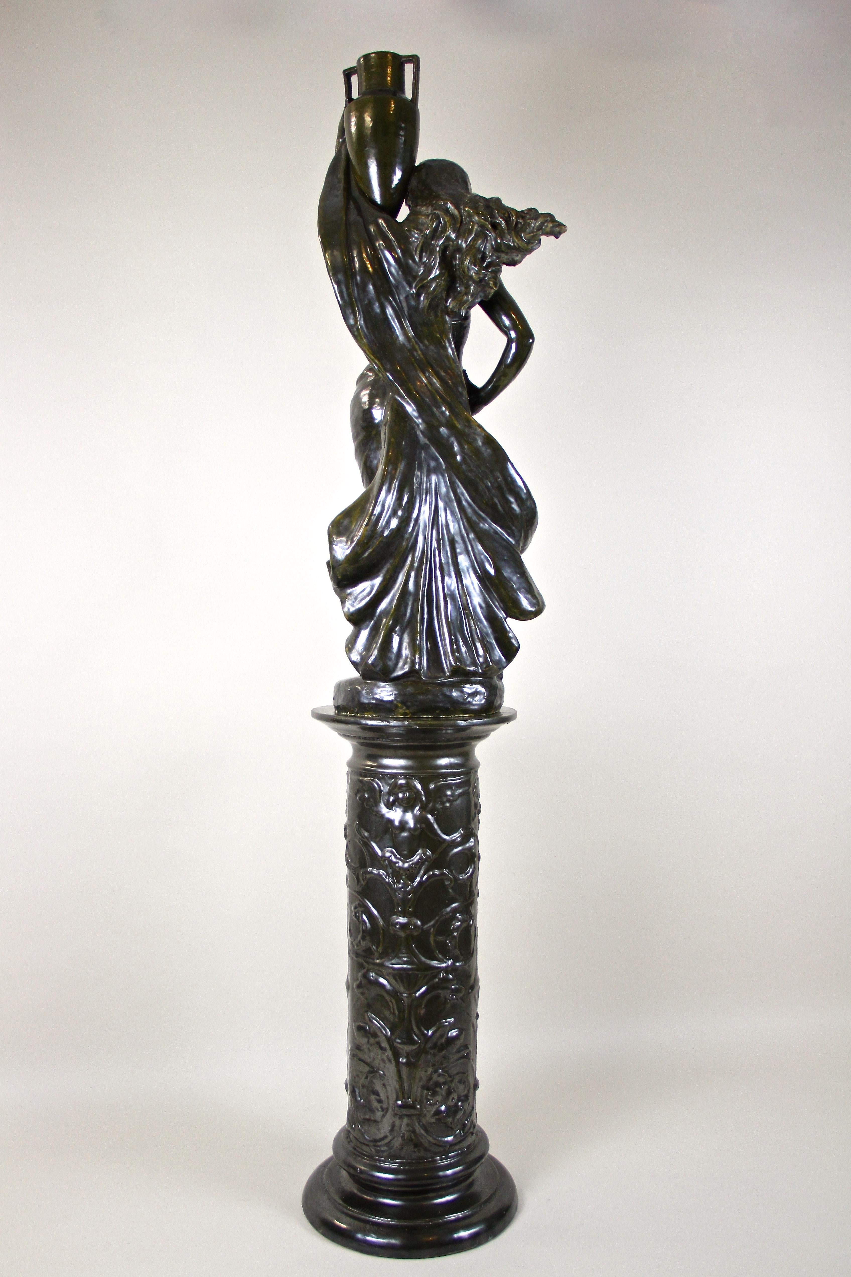 Figurative Art Nouveau Ceramic Statue on Column, Bronze Look, France, circa 1900 6