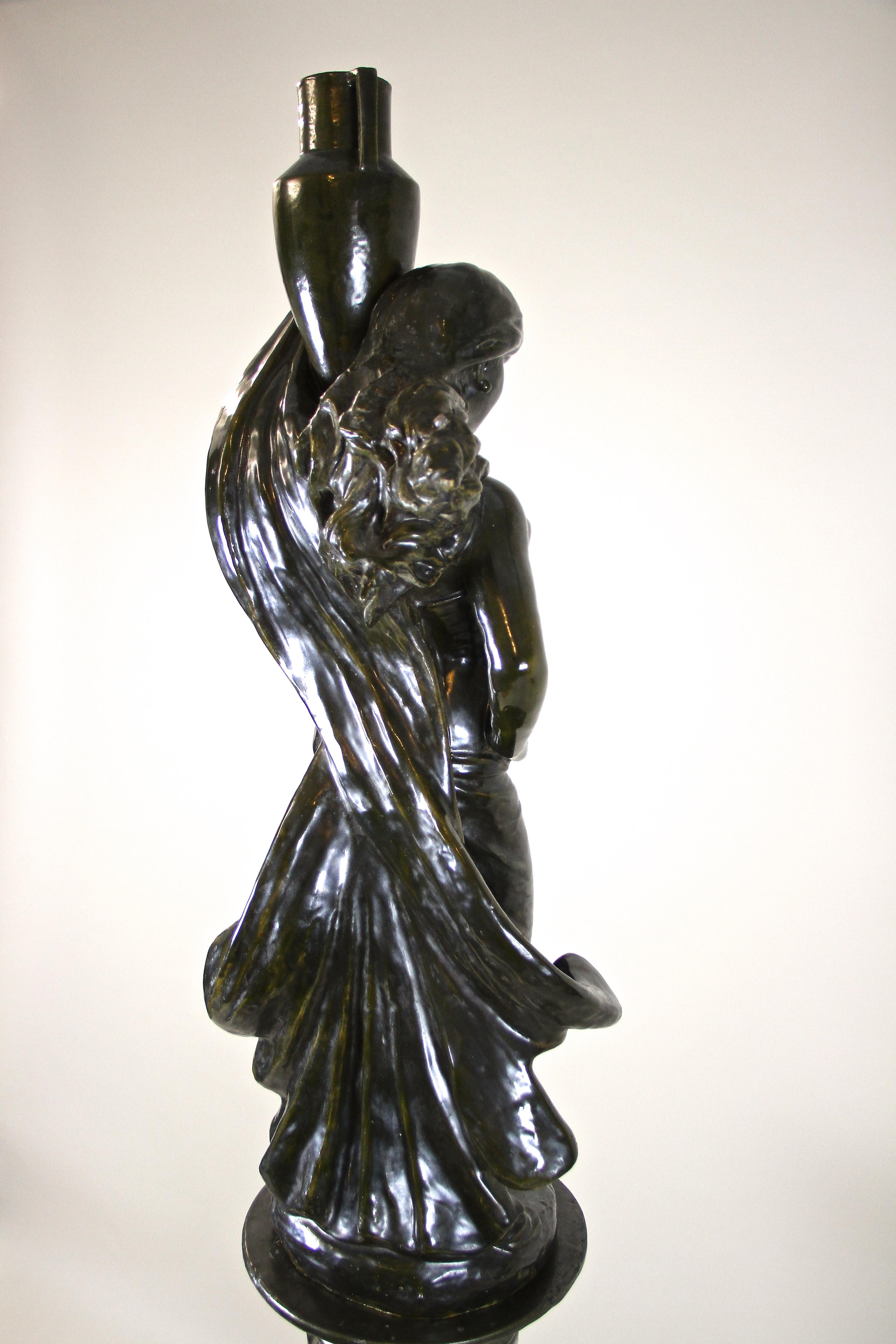Figurative Art Nouveau Ceramic Statue on Column, Bronze Look, France, circa 1900 7