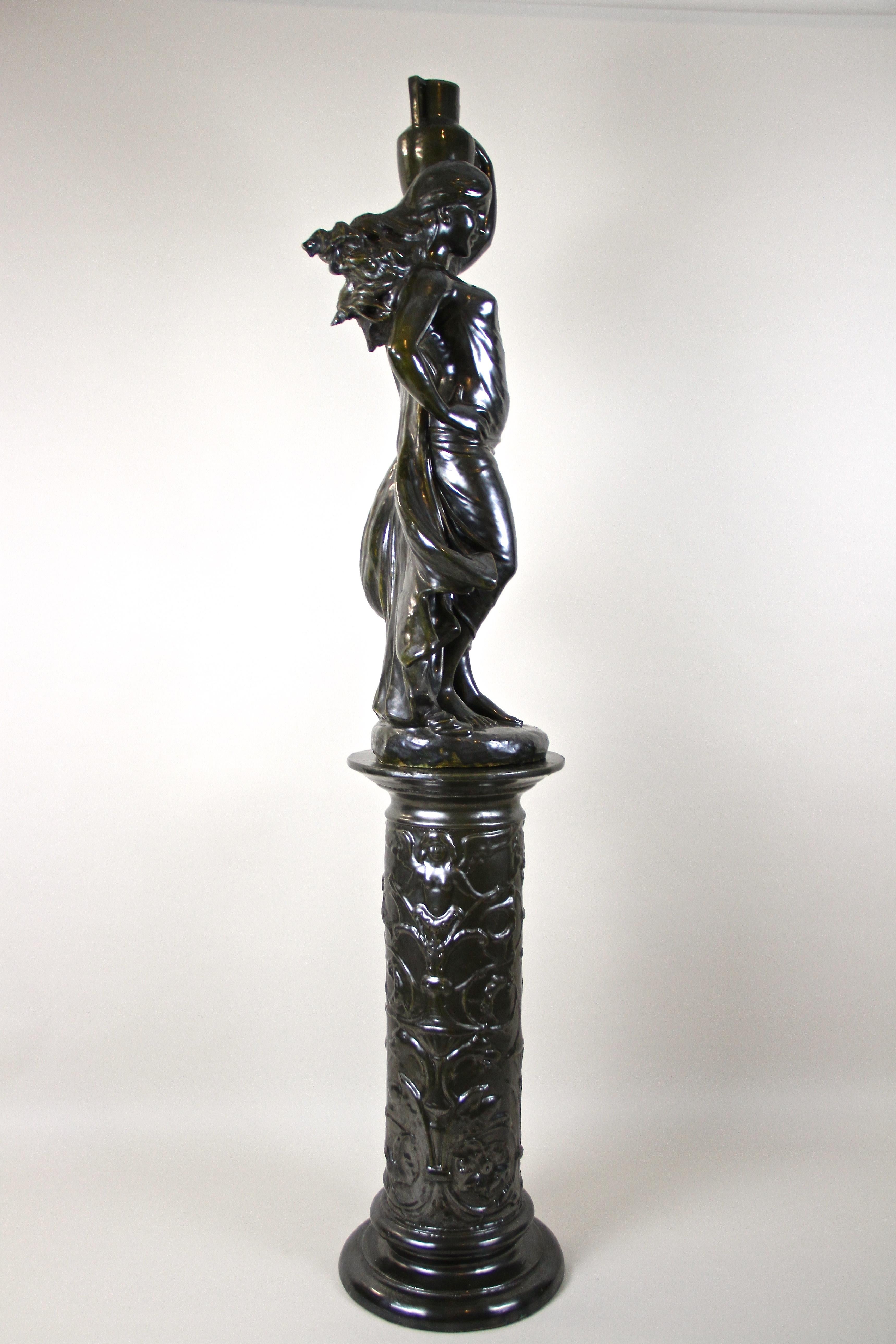 Figurative Art Nouveau Ceramic Statue on Column, Bronze Look, France, circa 1900 9