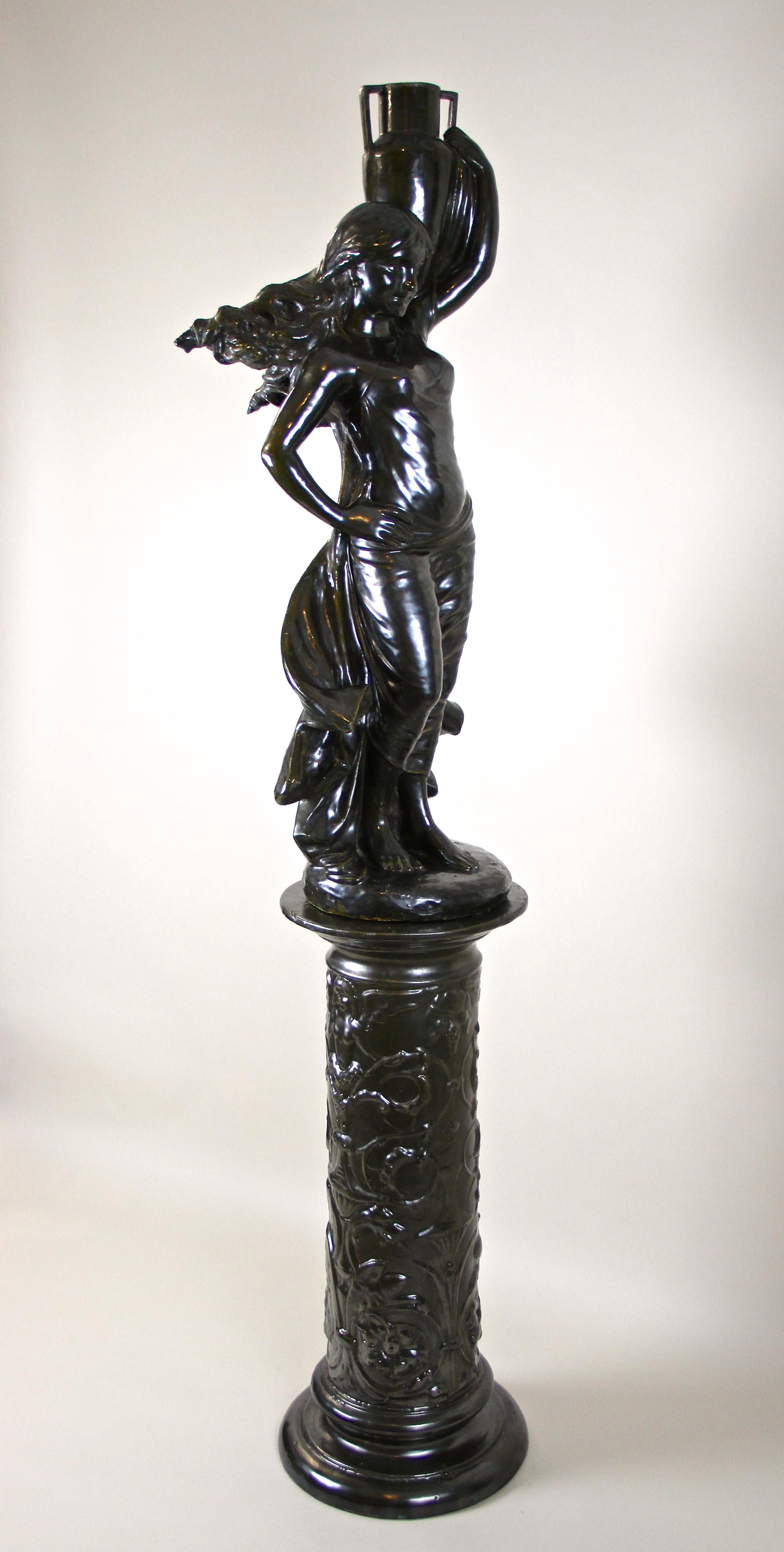 Figurative Art Nouveau Ceramic Statue on Column, Bronze Look, France, circa 1900 12
