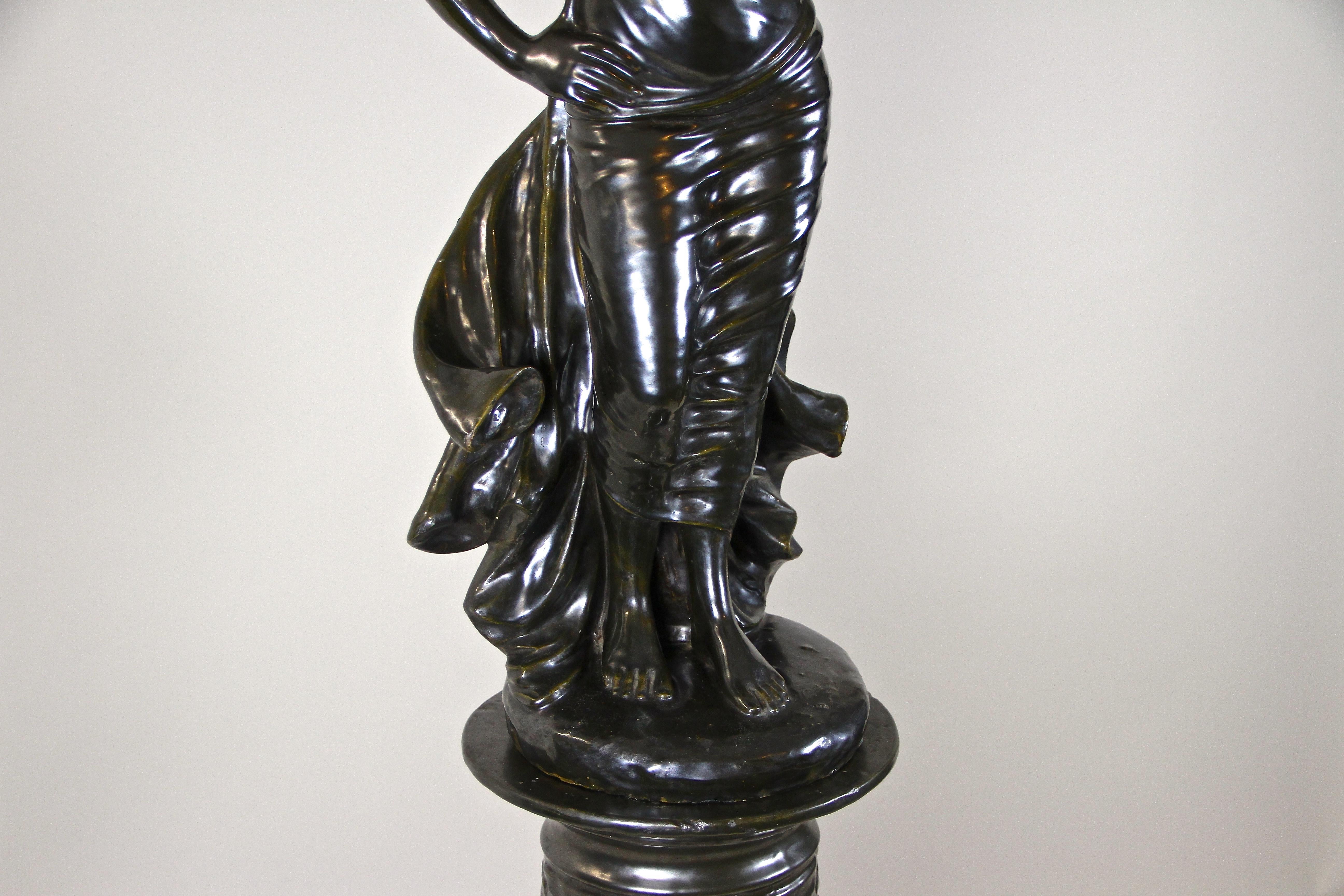 20th Century Figurative Art Nouveau Ceramic Statue on Column, Bronze Look, France, circa 1900