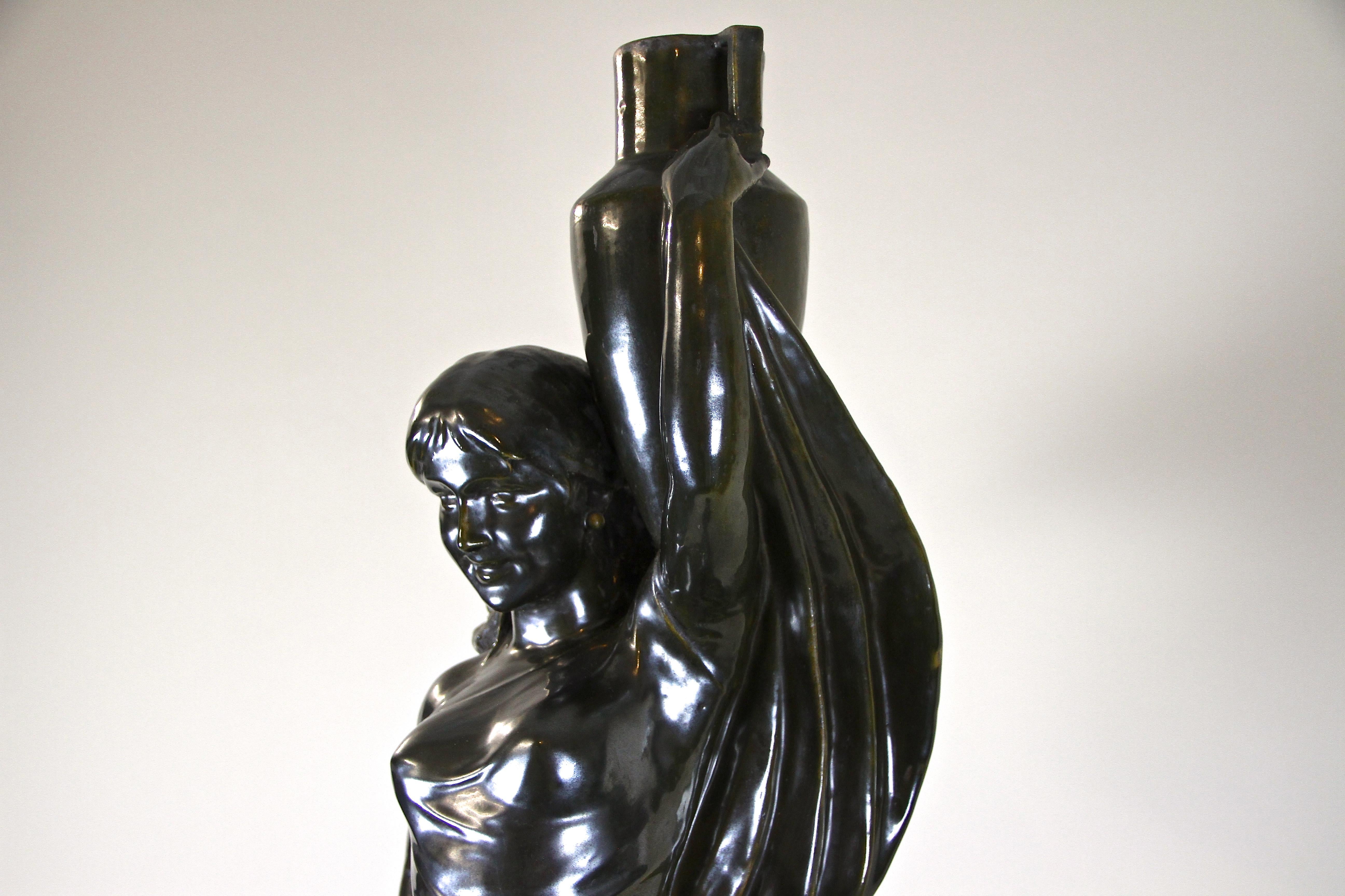 Figurative Art Nouveau Ceramic Statue on Column, Bronze Look, France, circa 1900 3