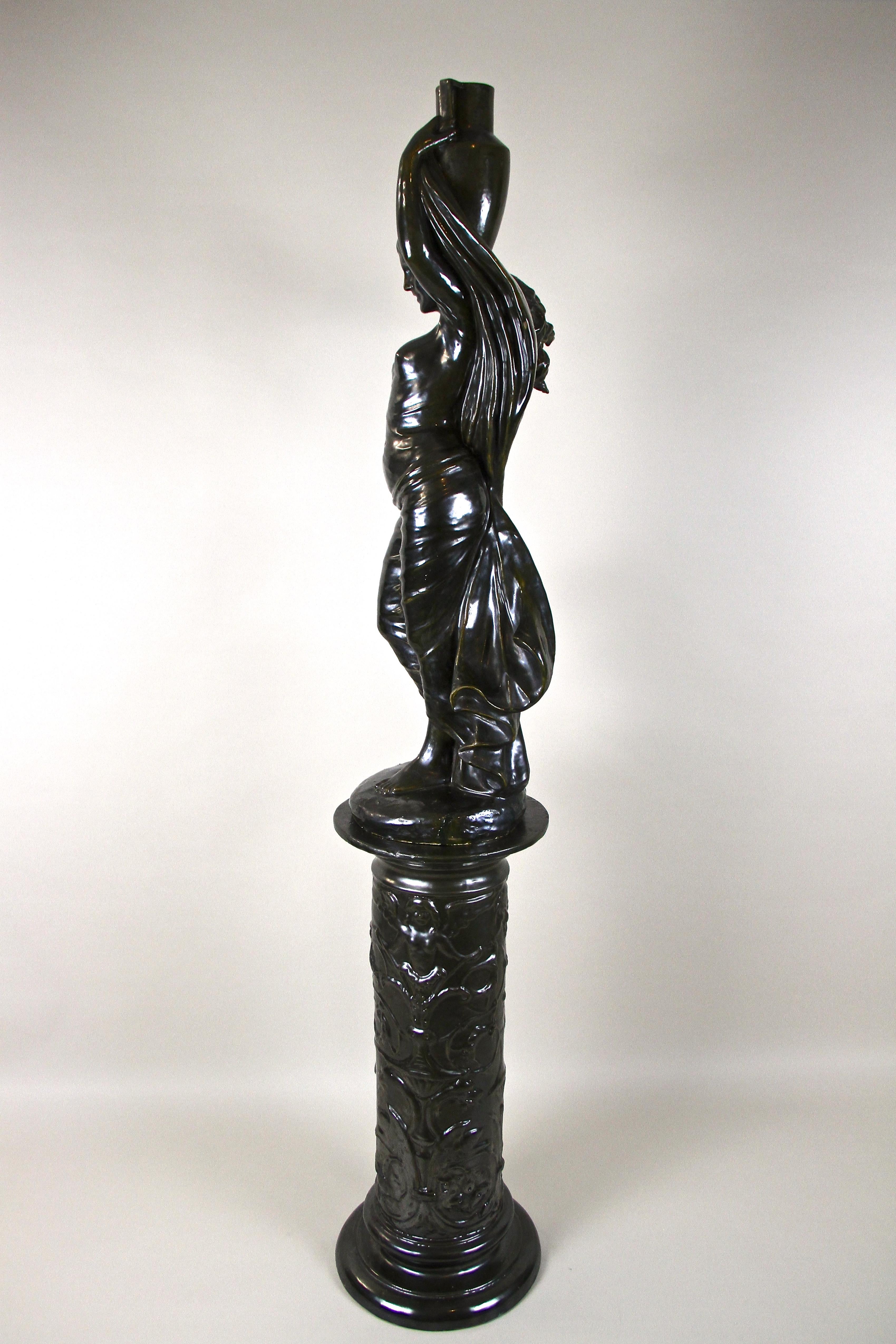 Figurative Art Nouveau Ceramic Statue on Column, Bronze Look, France, circa 1900 4