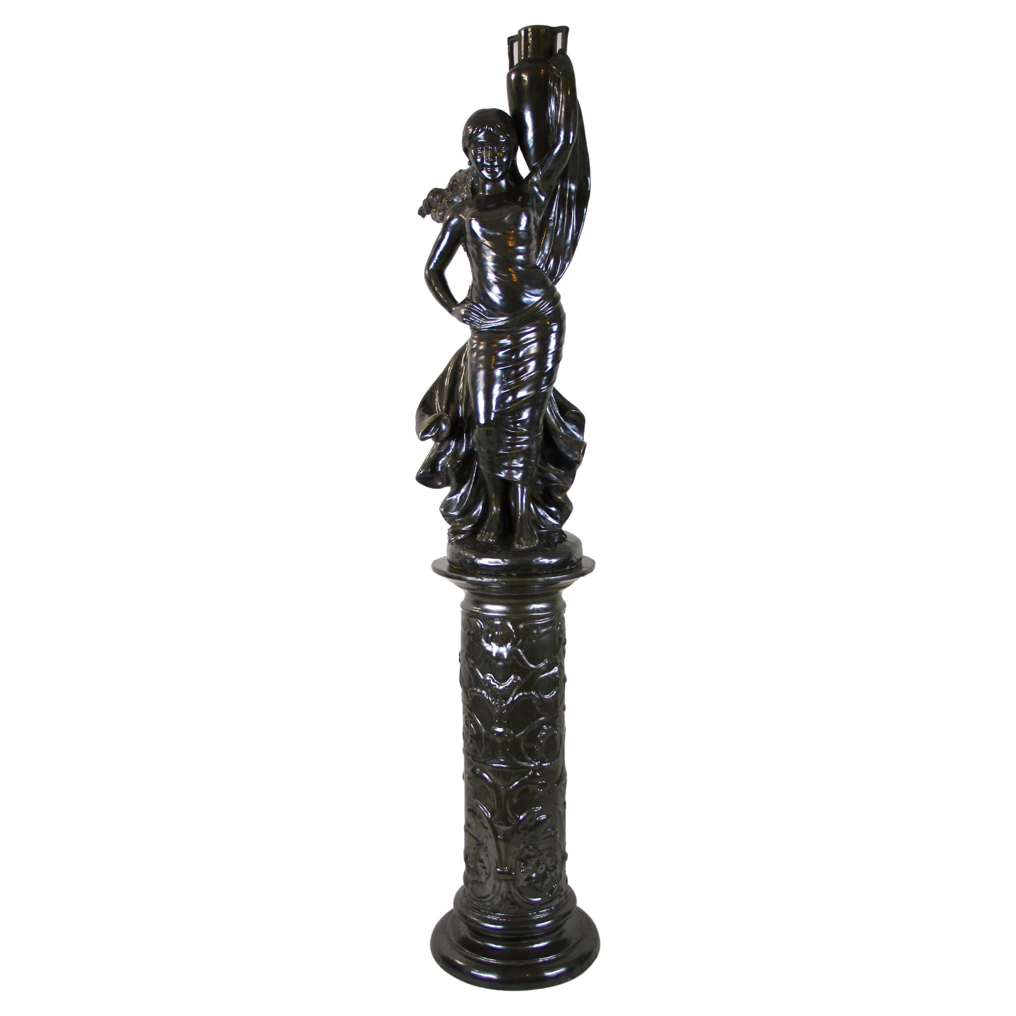 Figurative Art Nouveau Ceramic Statue on Column, Bronze Look, France, circa 1900