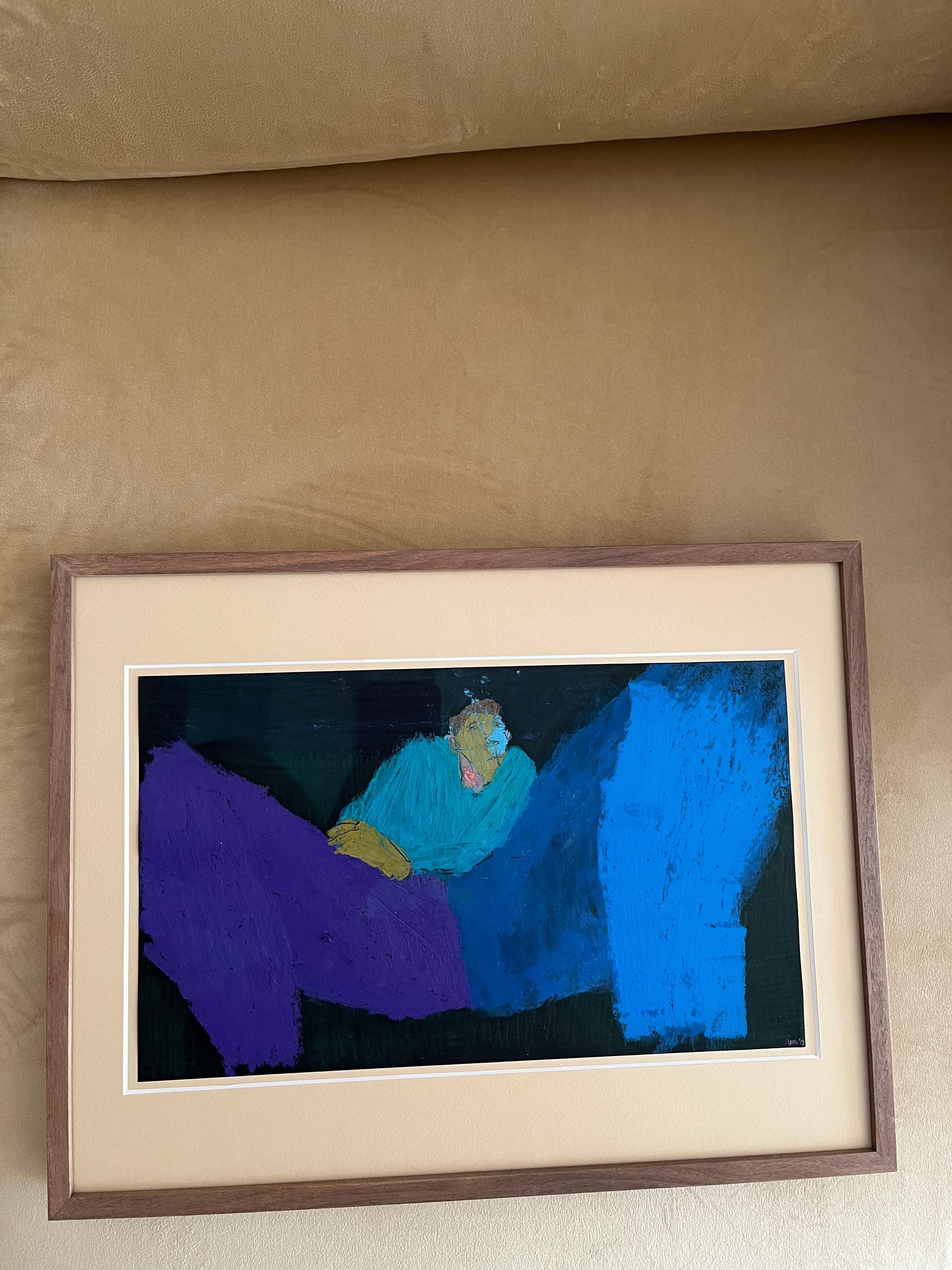 Hand-Painted Figurative Blue Modern Oil Pastel Painting Danish Portrait of man