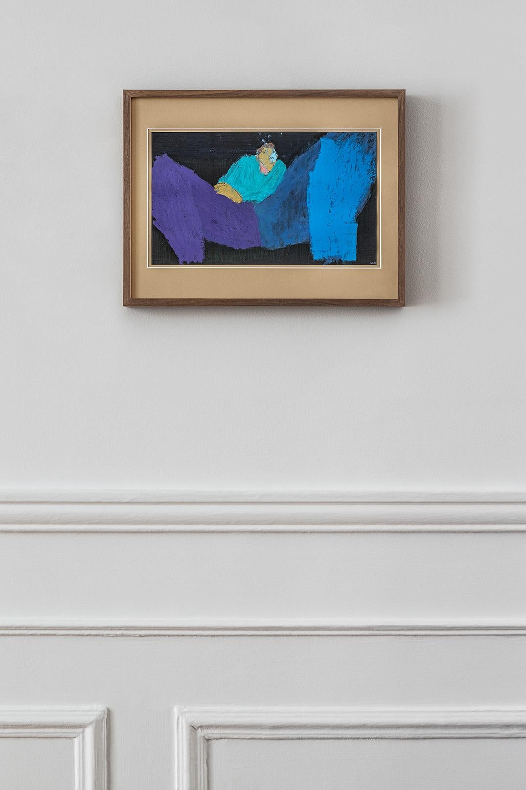 Scandinavian Modern Figurative Blue Modern Oil Pastel Painting Danish Portrait of man
