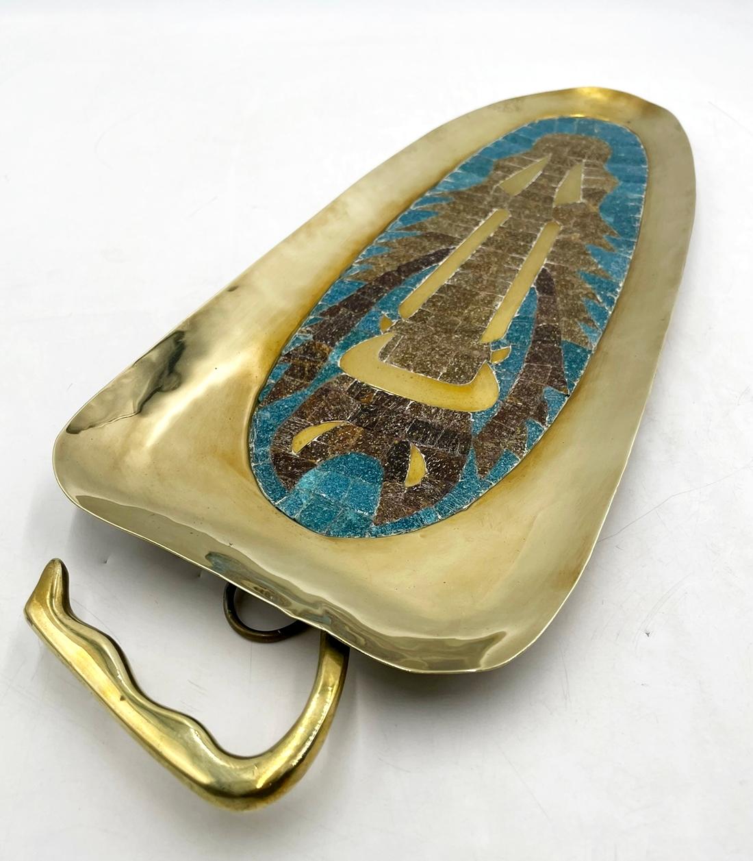 Mid-Century Modern Figurative Brass & Tile Tray by Salvador Teran, Taxco Mexico, 1970's For Sale