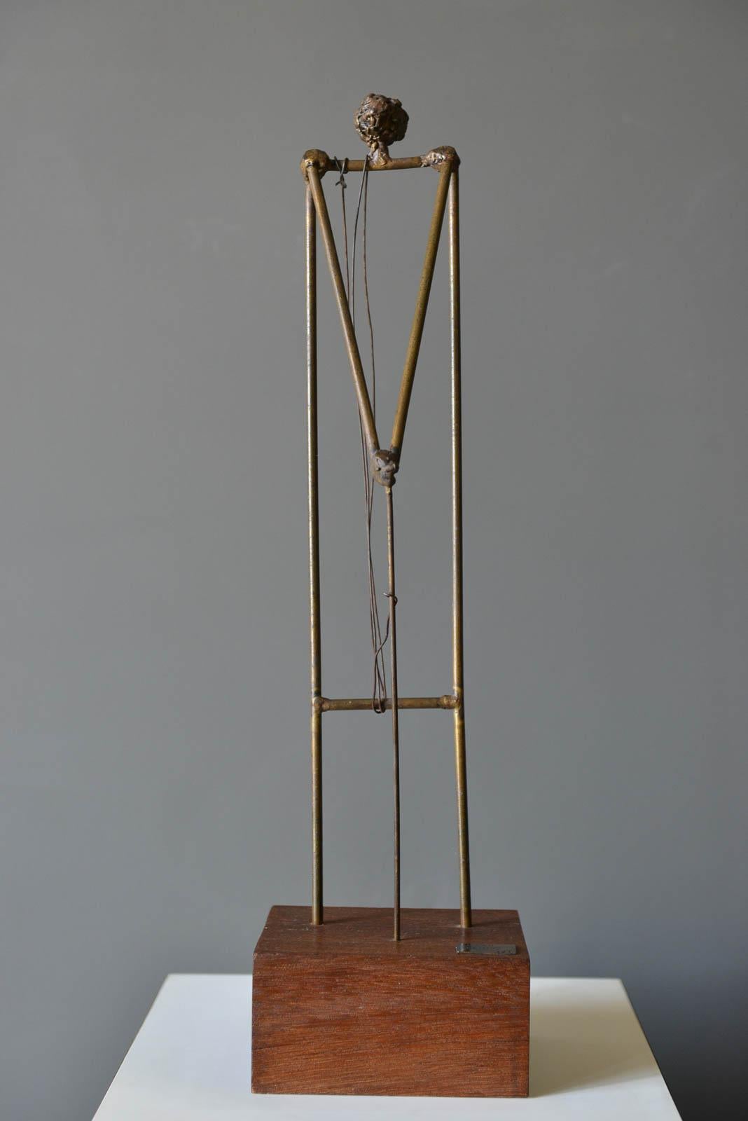Figurative Bronze Sculpture by California Artist Ken Vares, 1968. One of a kind signed 1/1 sculpture on base with artist signature and date of 4/68. Bronze on walnut base. Measures 22