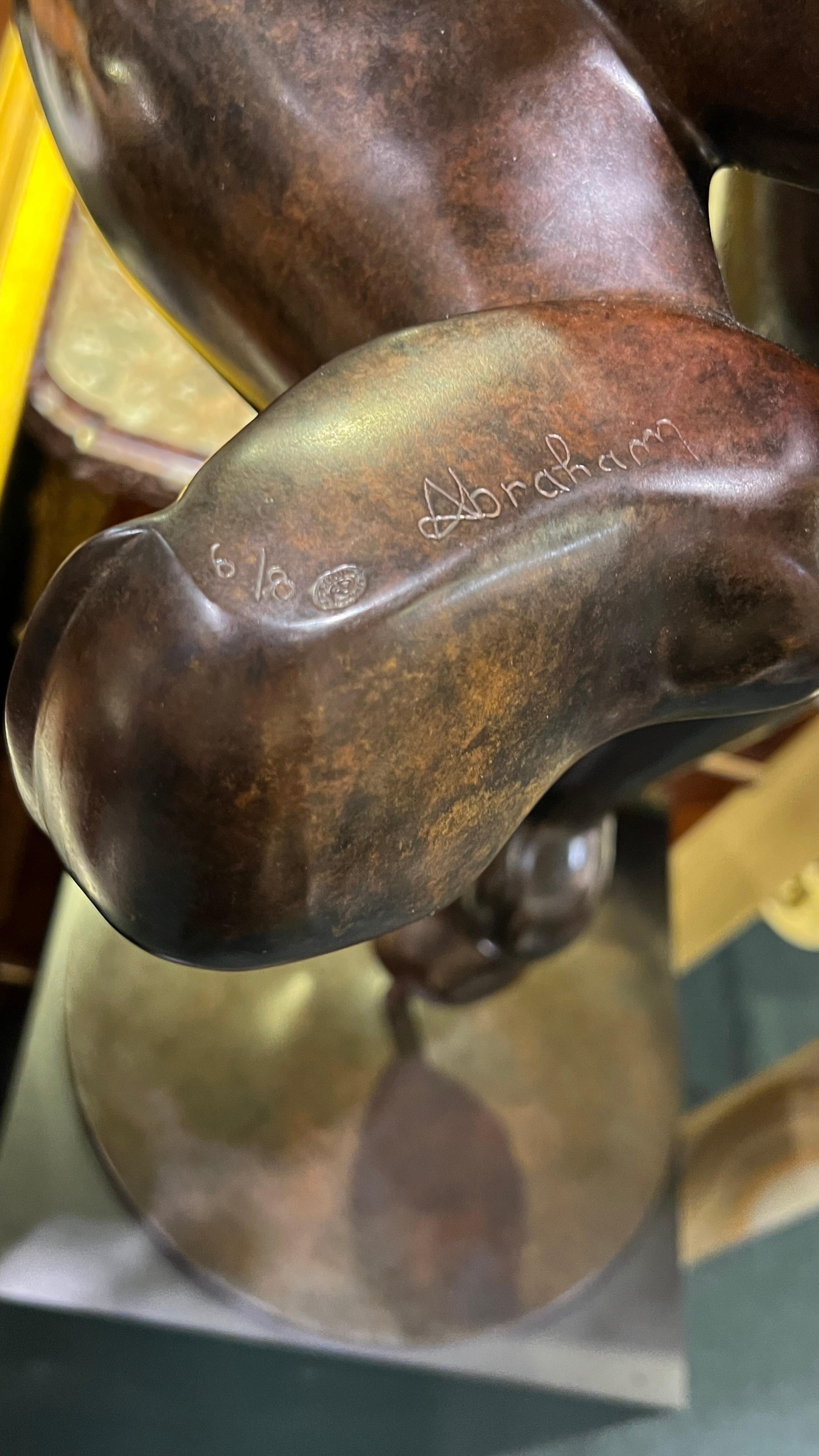 Large (39 inch tall) bronze sculpture with exceptional light brown patina by the French artist, Françoise Abraham (1962- ), entitled l'Aube des sens (Dawn of the Senses), from a limited edition of 8 issued in 2003.  Signed and numbered Abraham 6/8. 