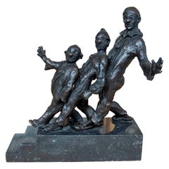 Figurative Bronze Sculpture of Clowns on a Marble Base