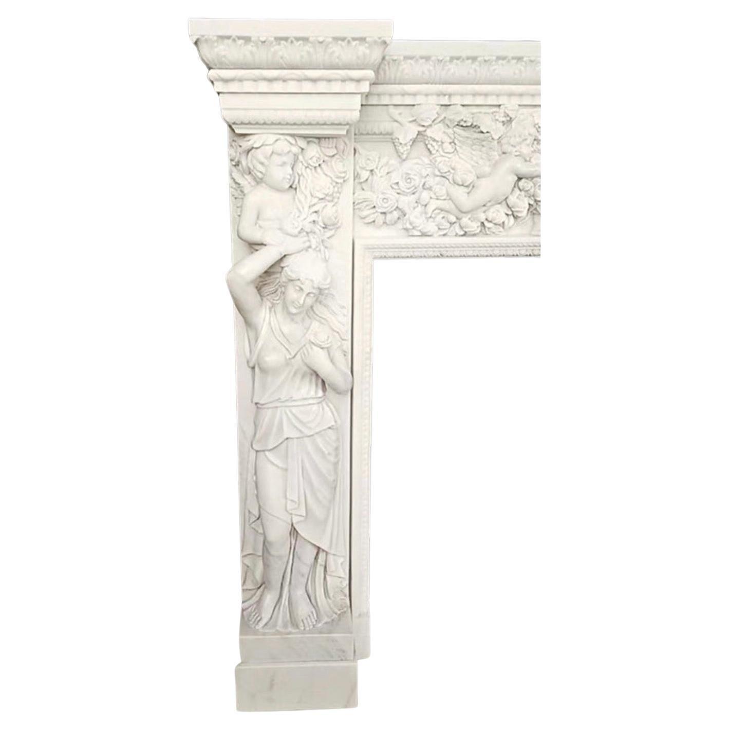 European Figurative Carved Marble Fireplace Mantel – 20th Century Classic Design For Sale