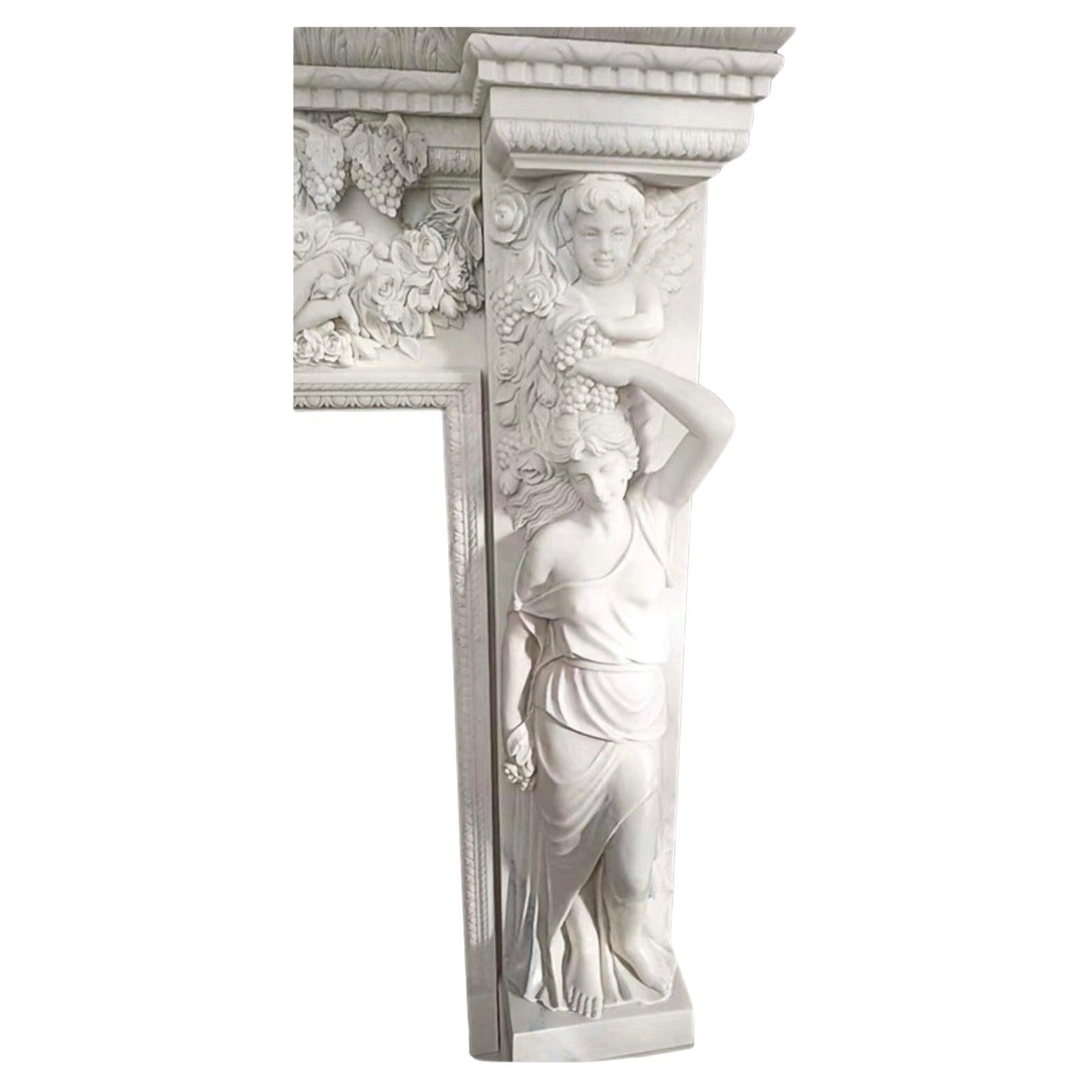 Figurative Carved Marble Fireplace Mantel – 20th Century Classic Design In Excellent Condition For Sale In Southall, GB
