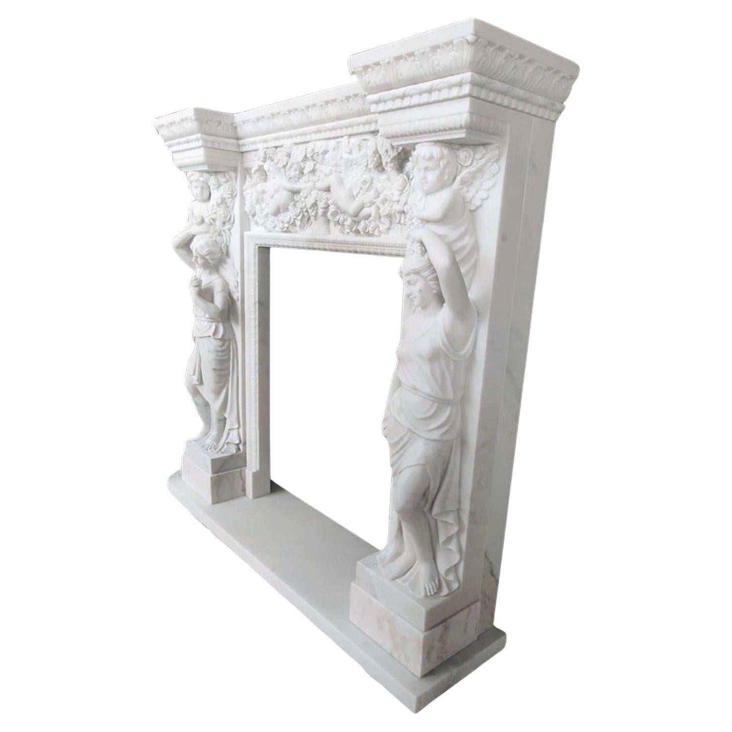 Figurative Carved Marble Fireplace Mantel – 20th Century Classic Design For Sale 1