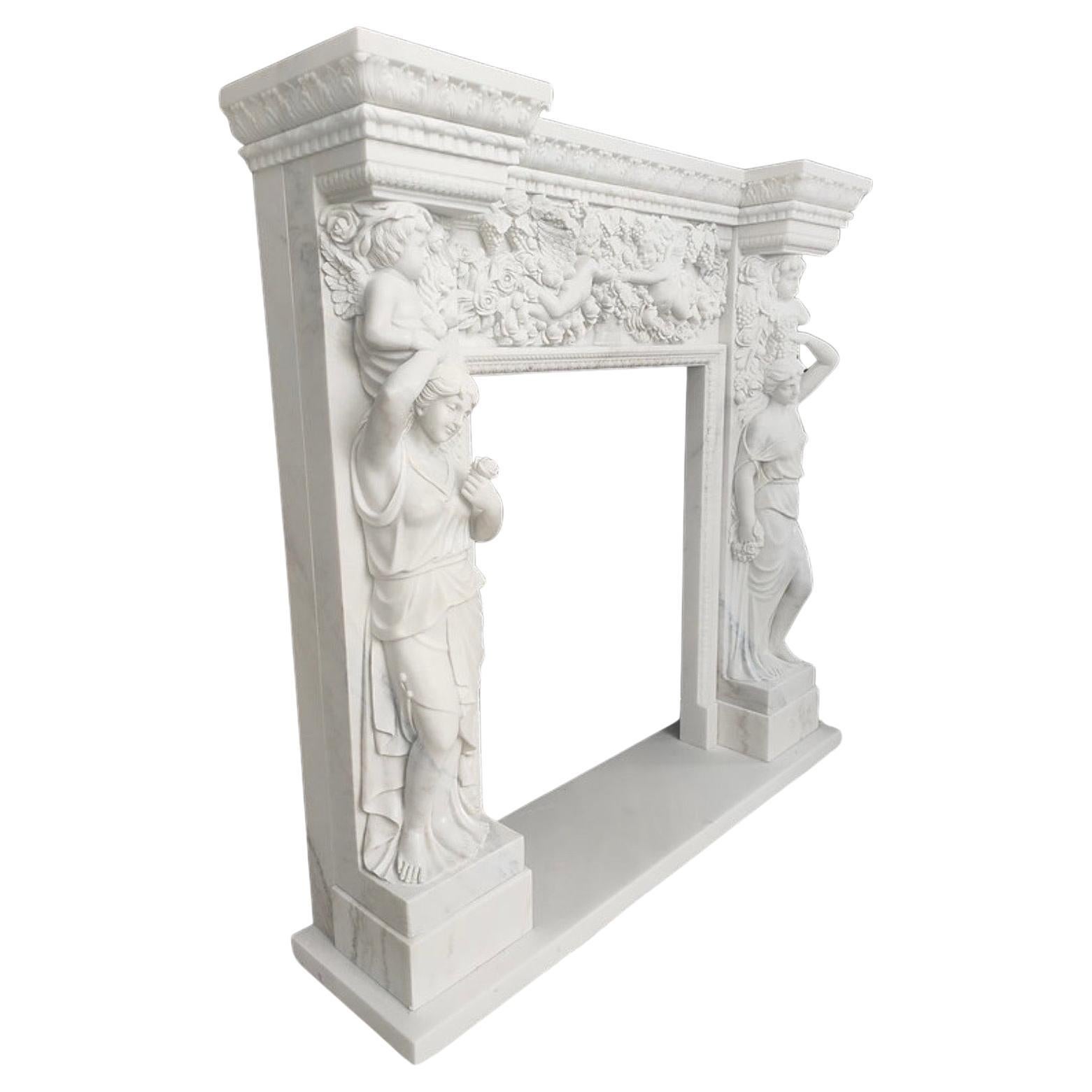 Figurative Carved Marble Fireplace Mantel – 20th Century Classic Design For Sale 2