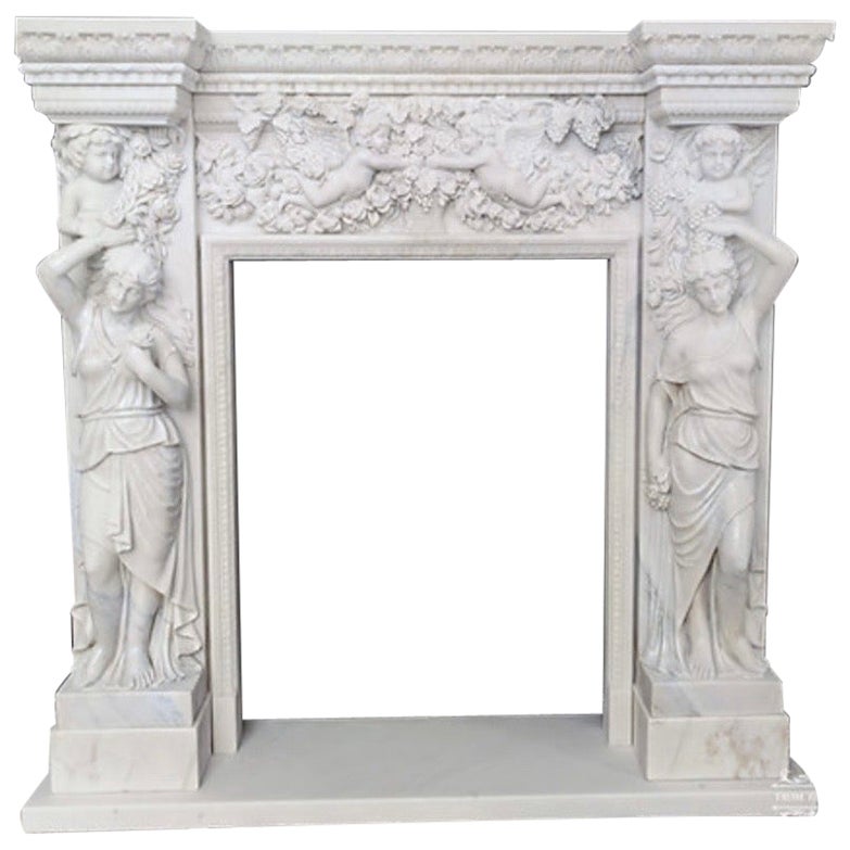 Figurative Carved Marble Fireplace Mantel – 20th Century Classic Design