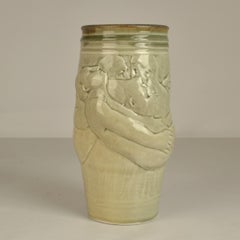 Figurative Ceramic Vase by Arnaud Lang with Bas Relief of Men