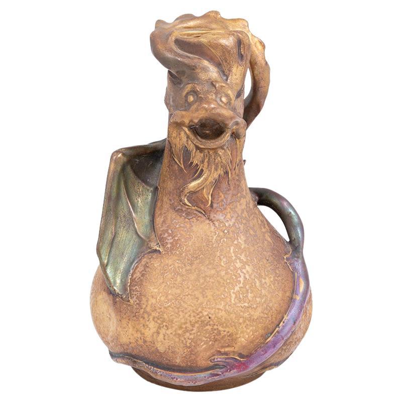 Figurative Ceramic Vase Dragon Amphora Bohemia Jugendstil circa 1901 Brown Green