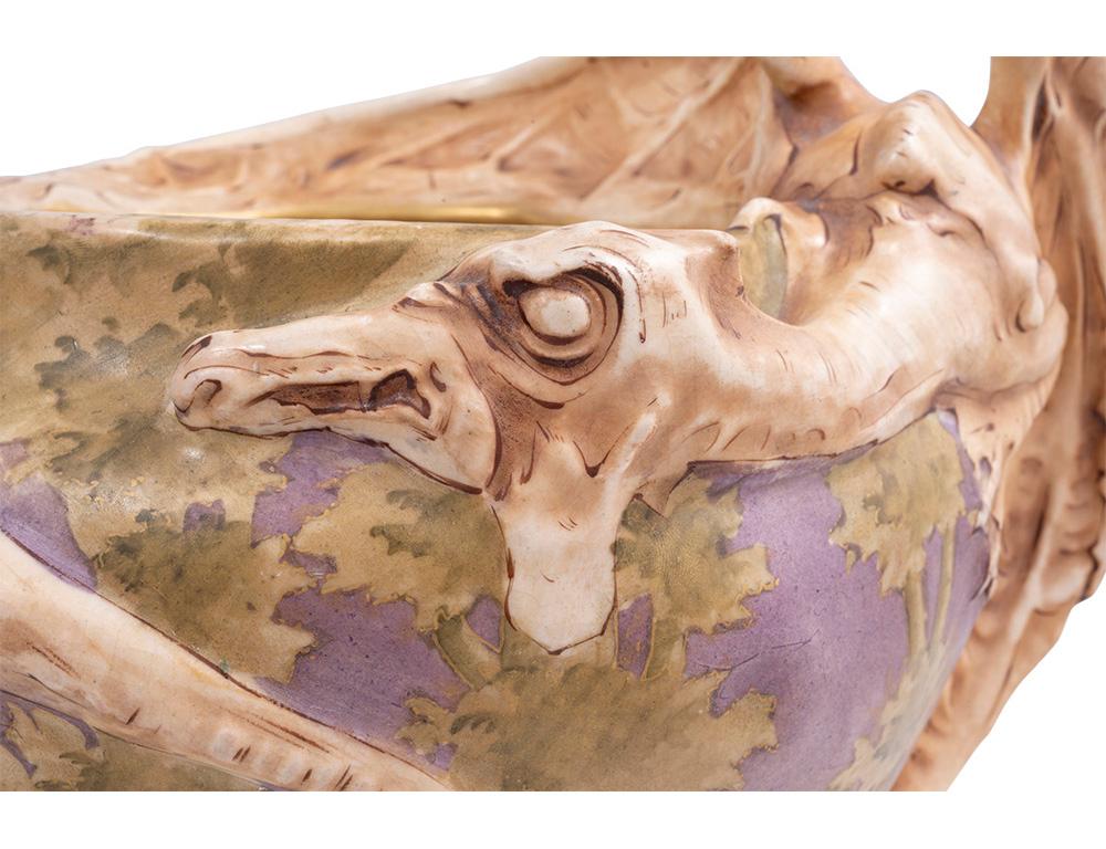 Enameled Figurative Ceramic Vase Dragon Amphora Bohemia Jugendstil, circa 1901